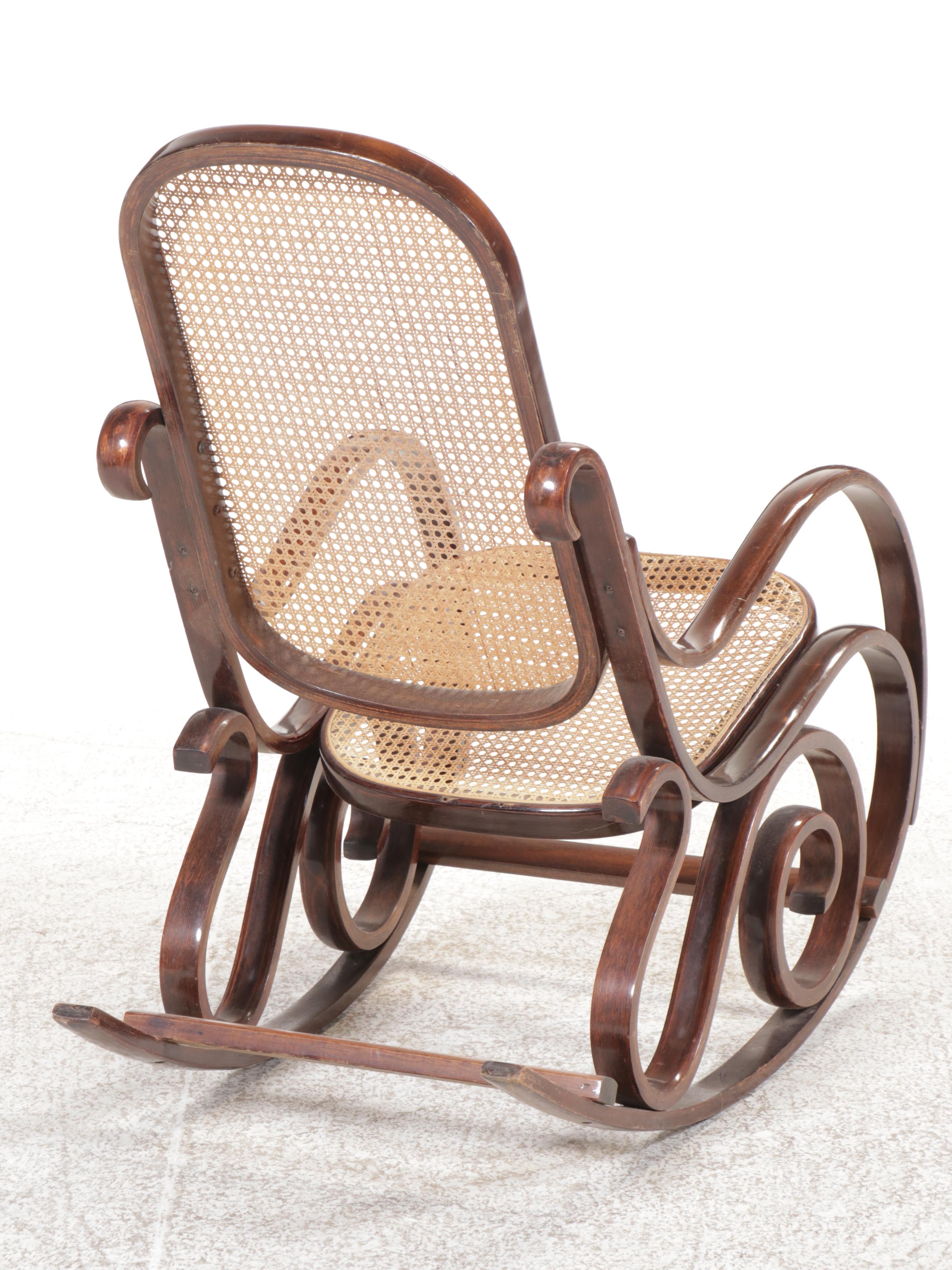 Pair of Thonet Style Upholstered and Cane Bentwood Rocking Chairs