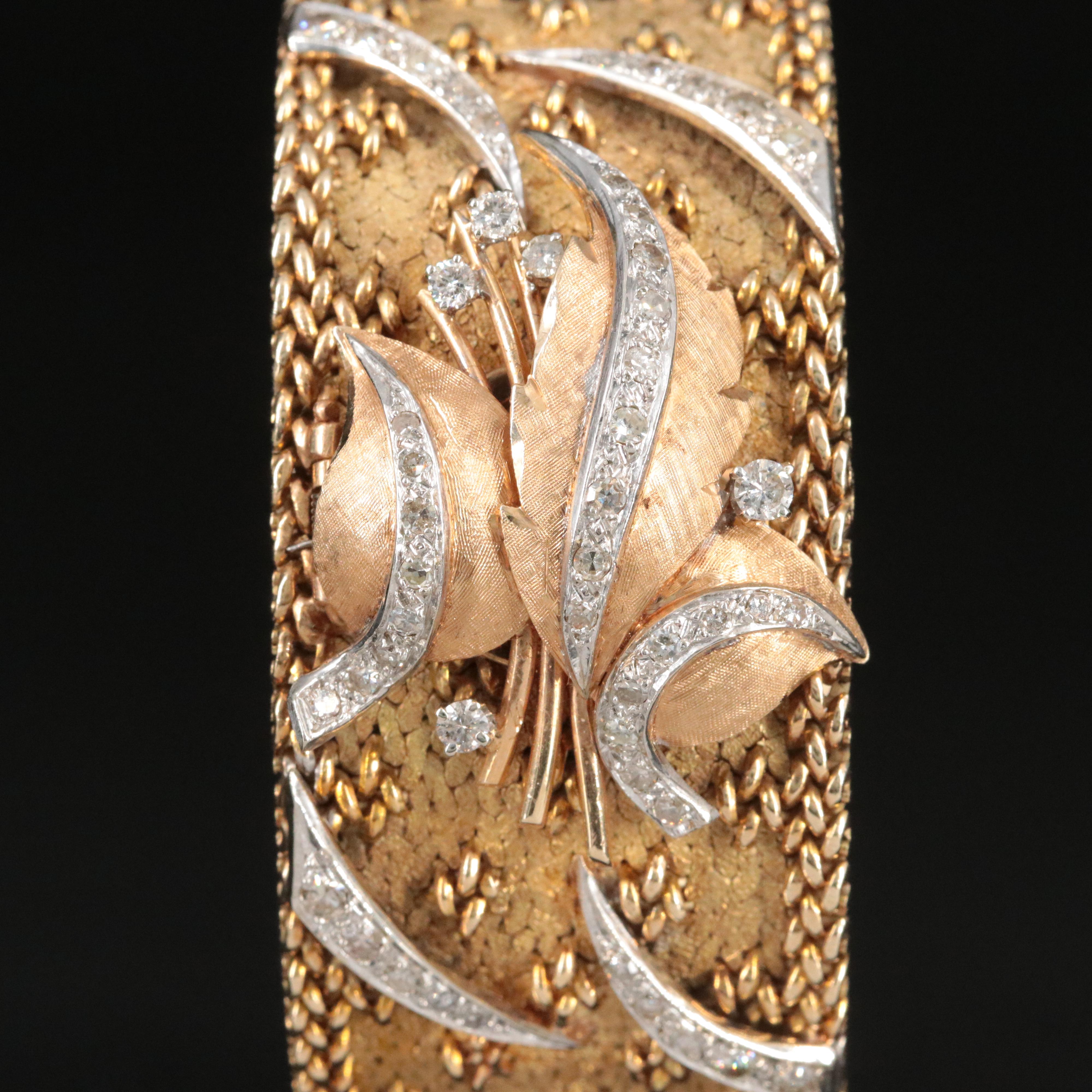 14K Eloga 1.25 CTW Diamond Flourished Dial Cover Wide Woven Band Watch