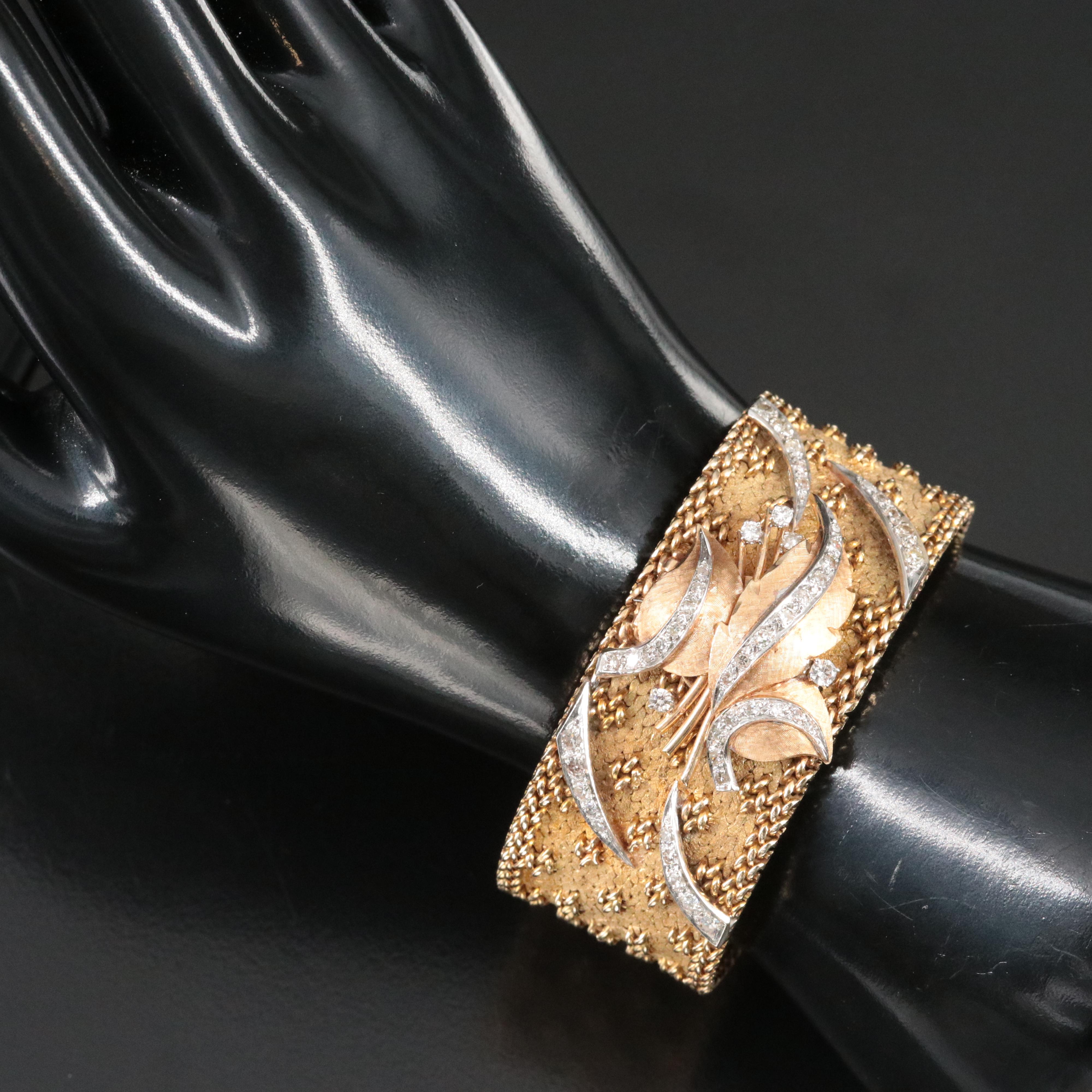 14K Eloga 1.25 CTW Diamond Flourished Dial Cover Wide Woven Band Watch