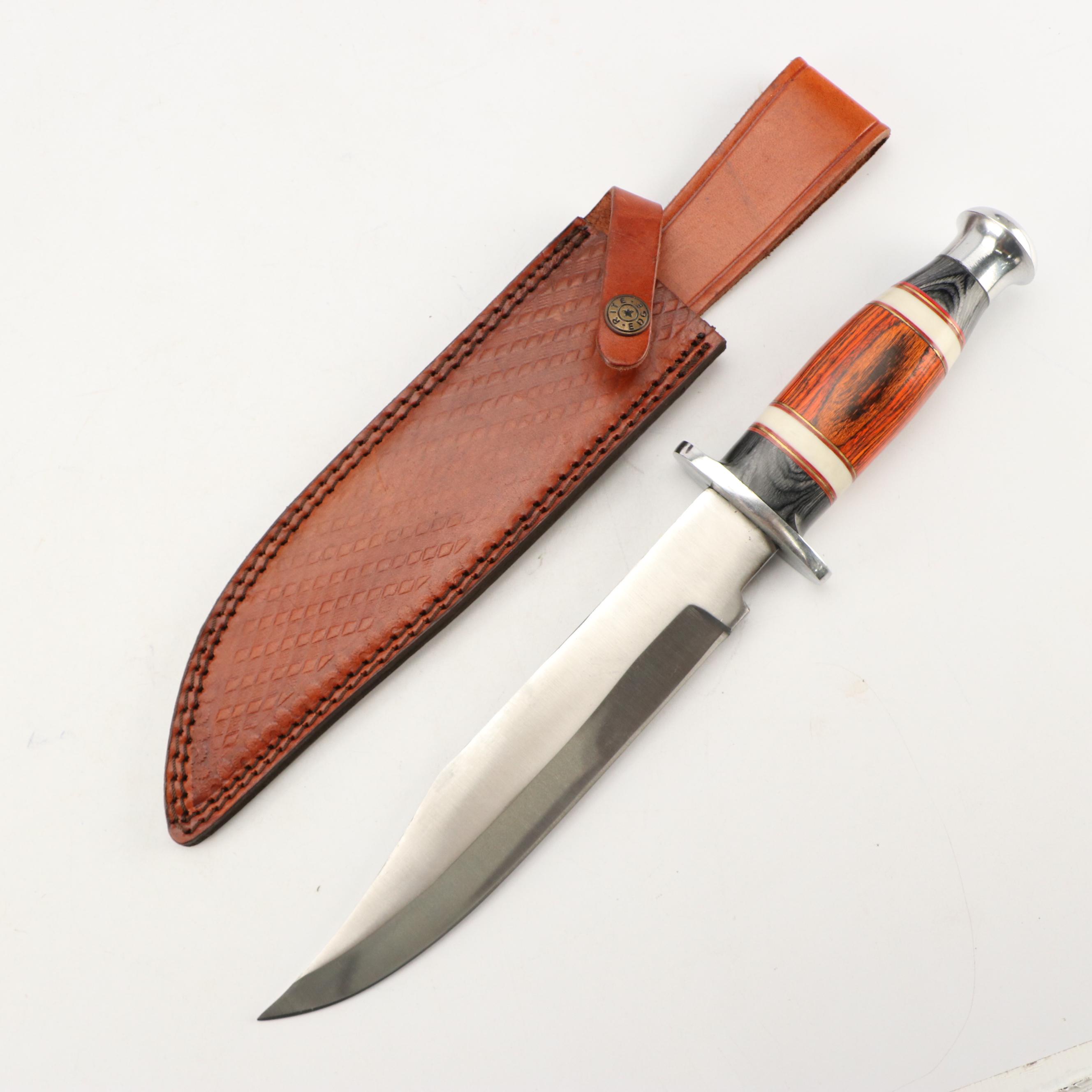 Wooden and Patriotic Wolf Handled Fixed Blade Knives in Scabbards