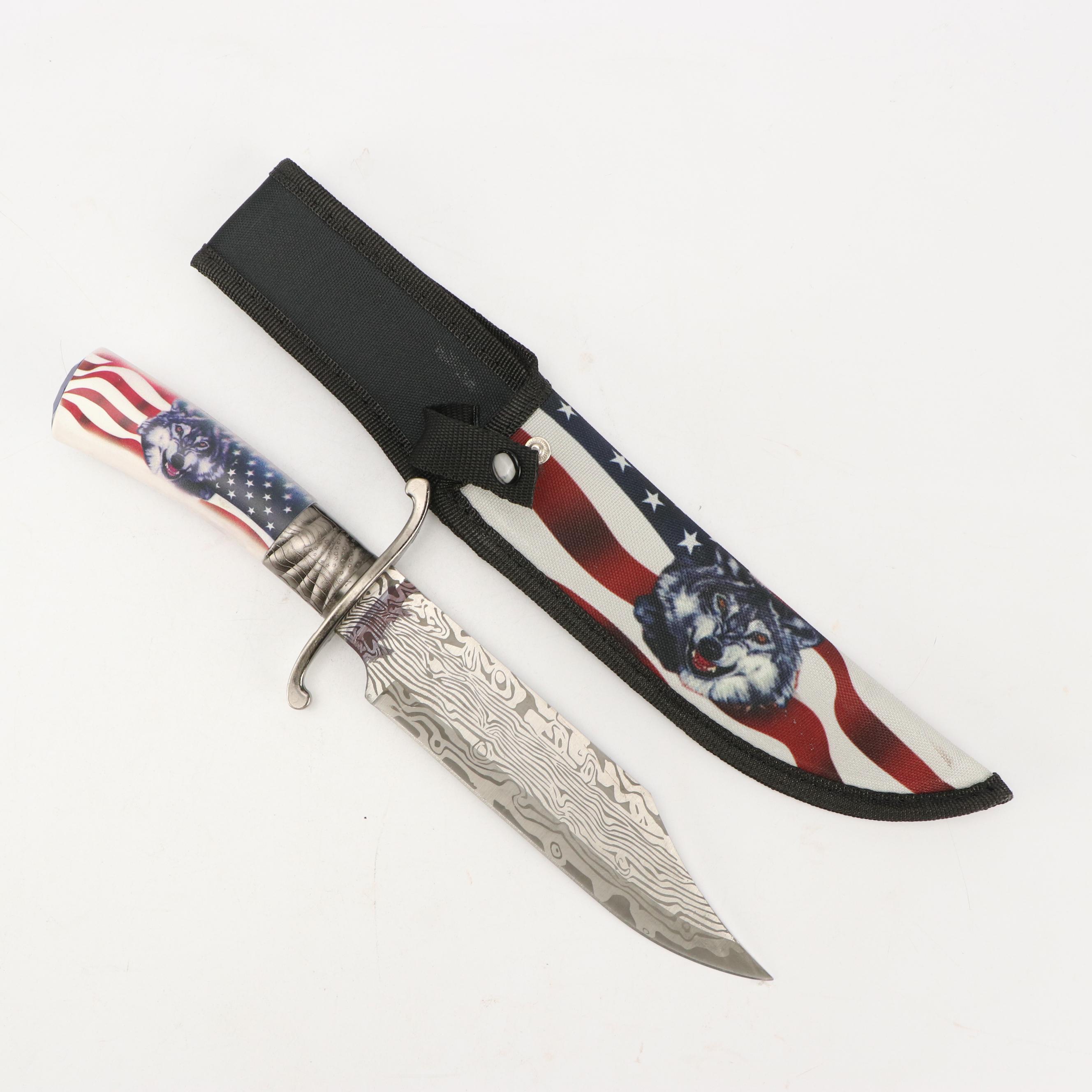 Wooden and Patriotic Wolf Handled Fixed Blade Knives in Scabbards