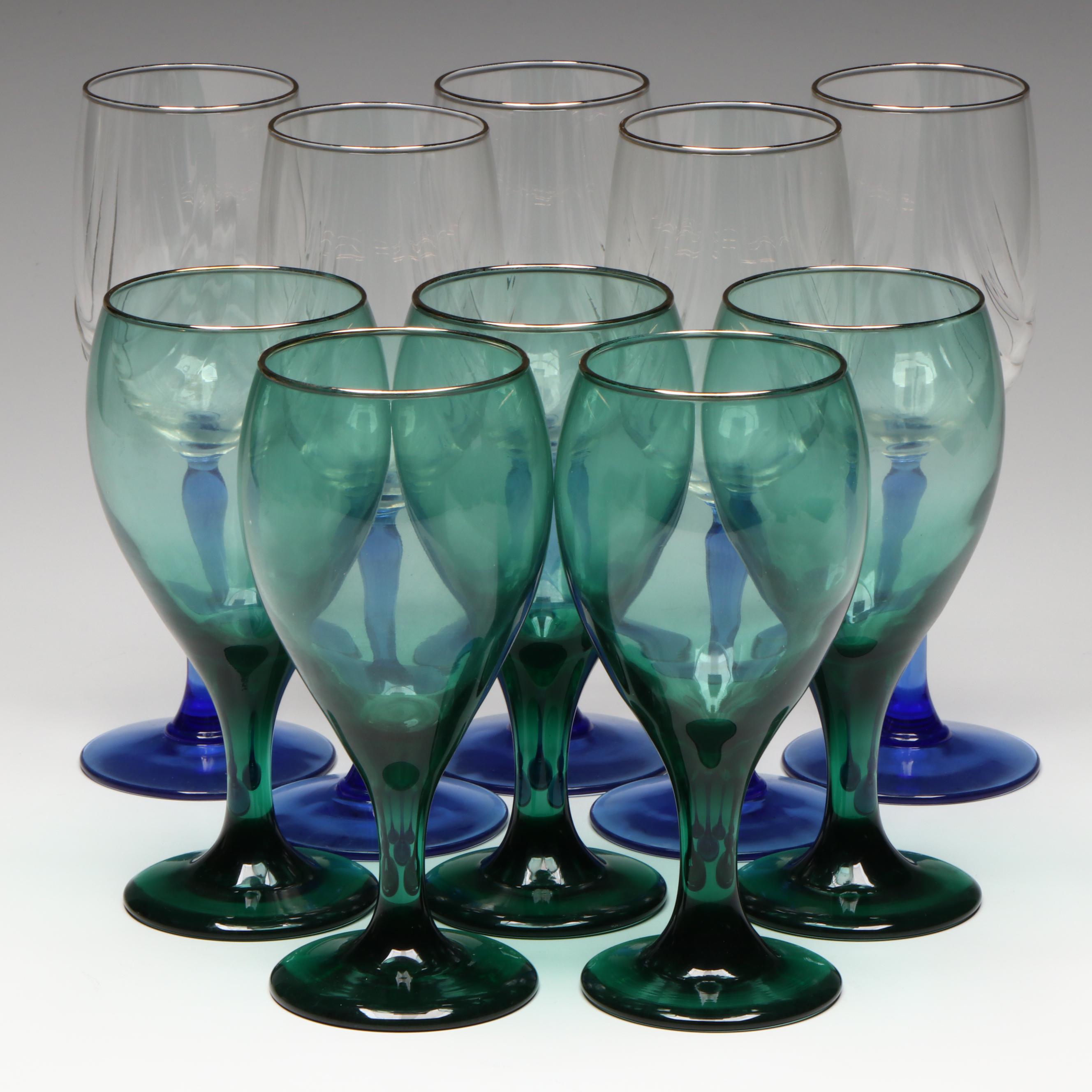 Libbey "Teardrop Juniper" and "Crystal Blue" Glass Water Goblets