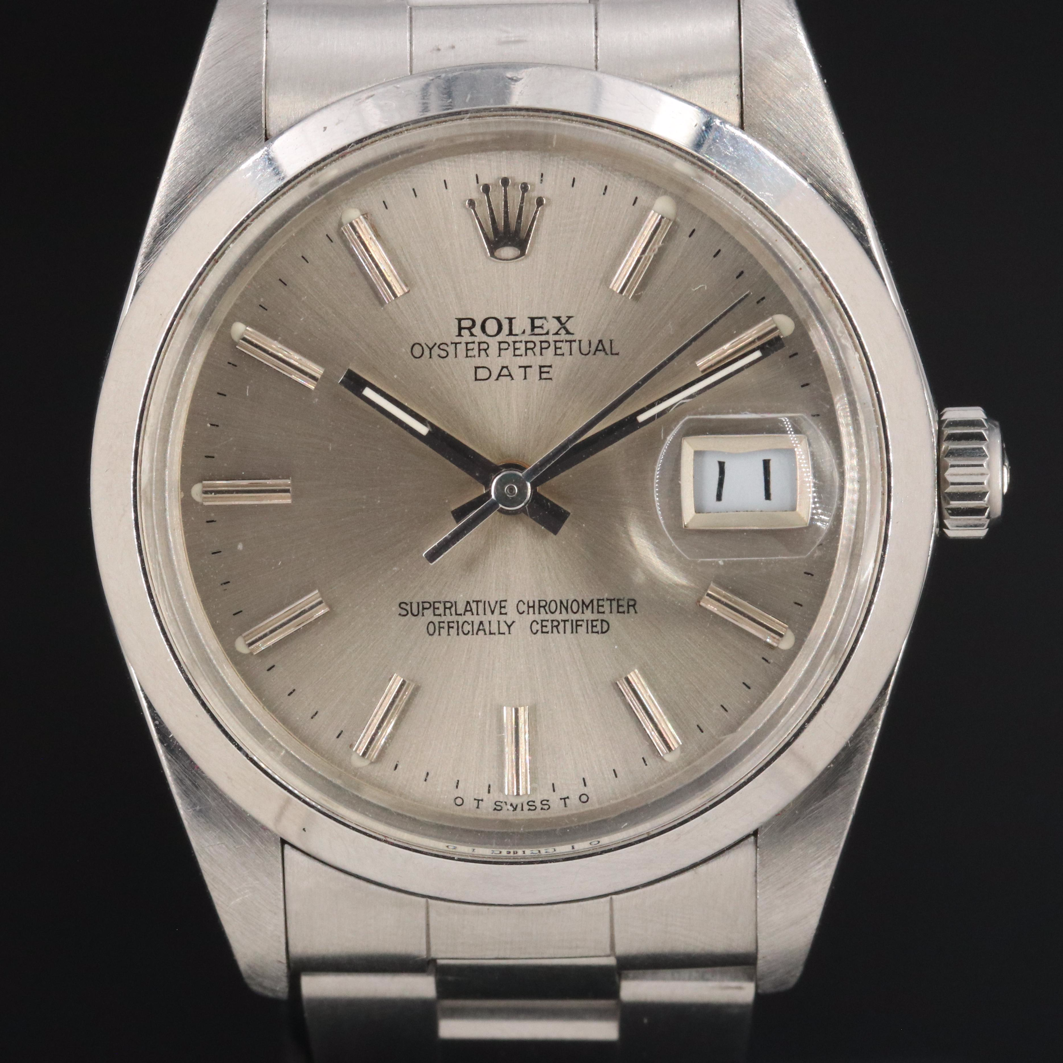 Rolex Oyster Perpetual Date 15000 Silver 34mm Steel Automatic Watch c.1989