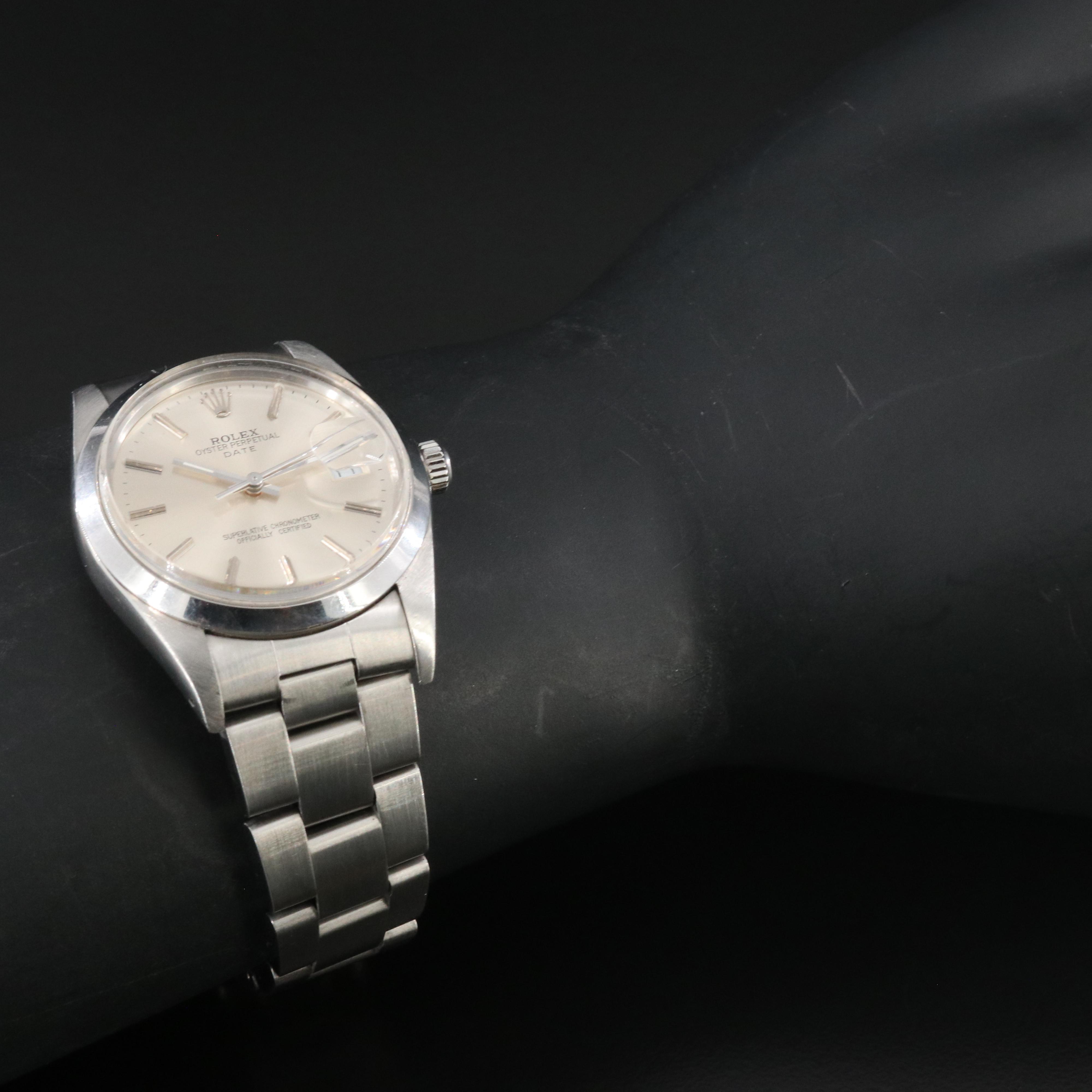 Rolex Oyster Perpetual Date 15000 Silver 34mm Steel Automatic Watch c.1989