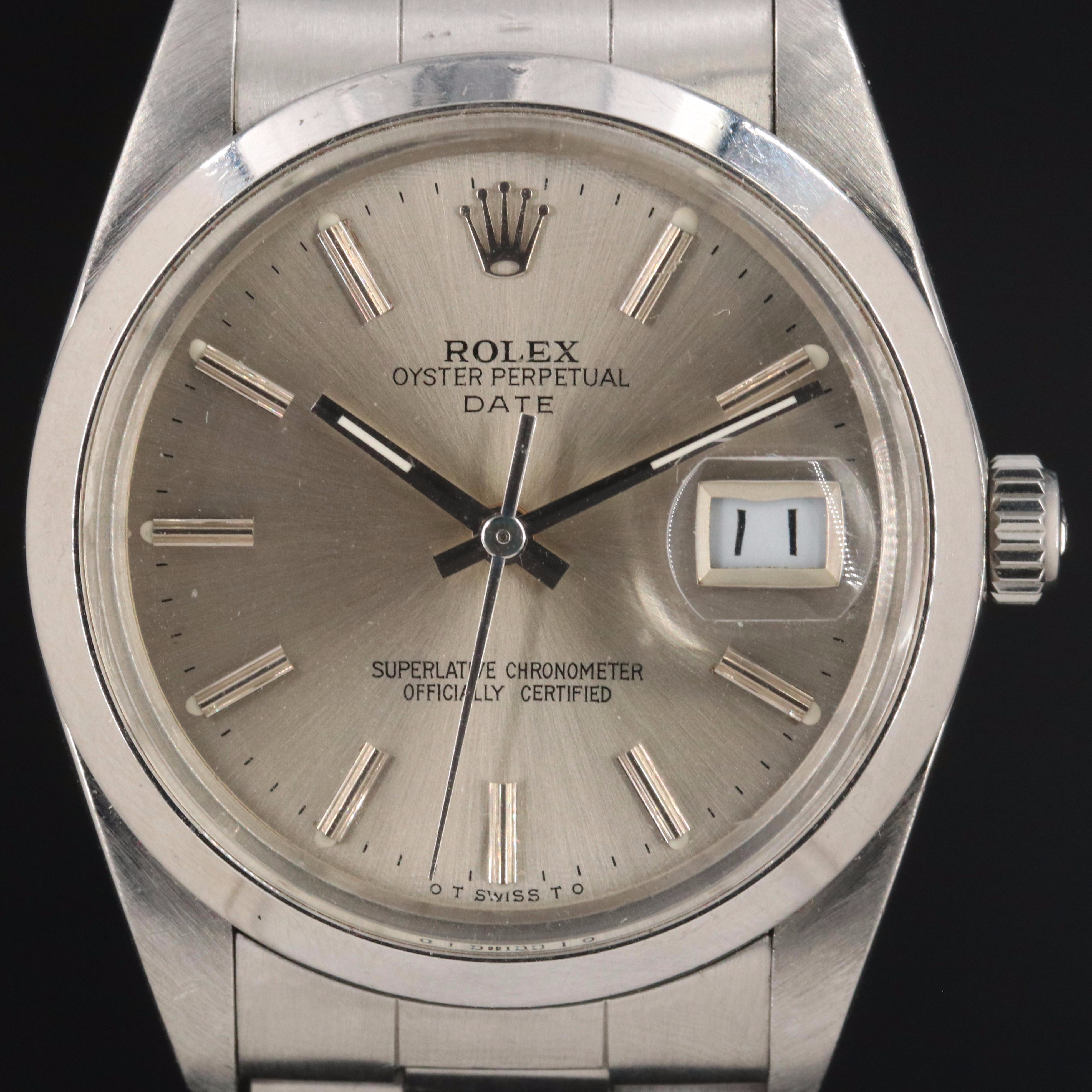 Rolex Oyster Perpetual Date 15000 Silver 34mm Steel Automatic Watch c.1989