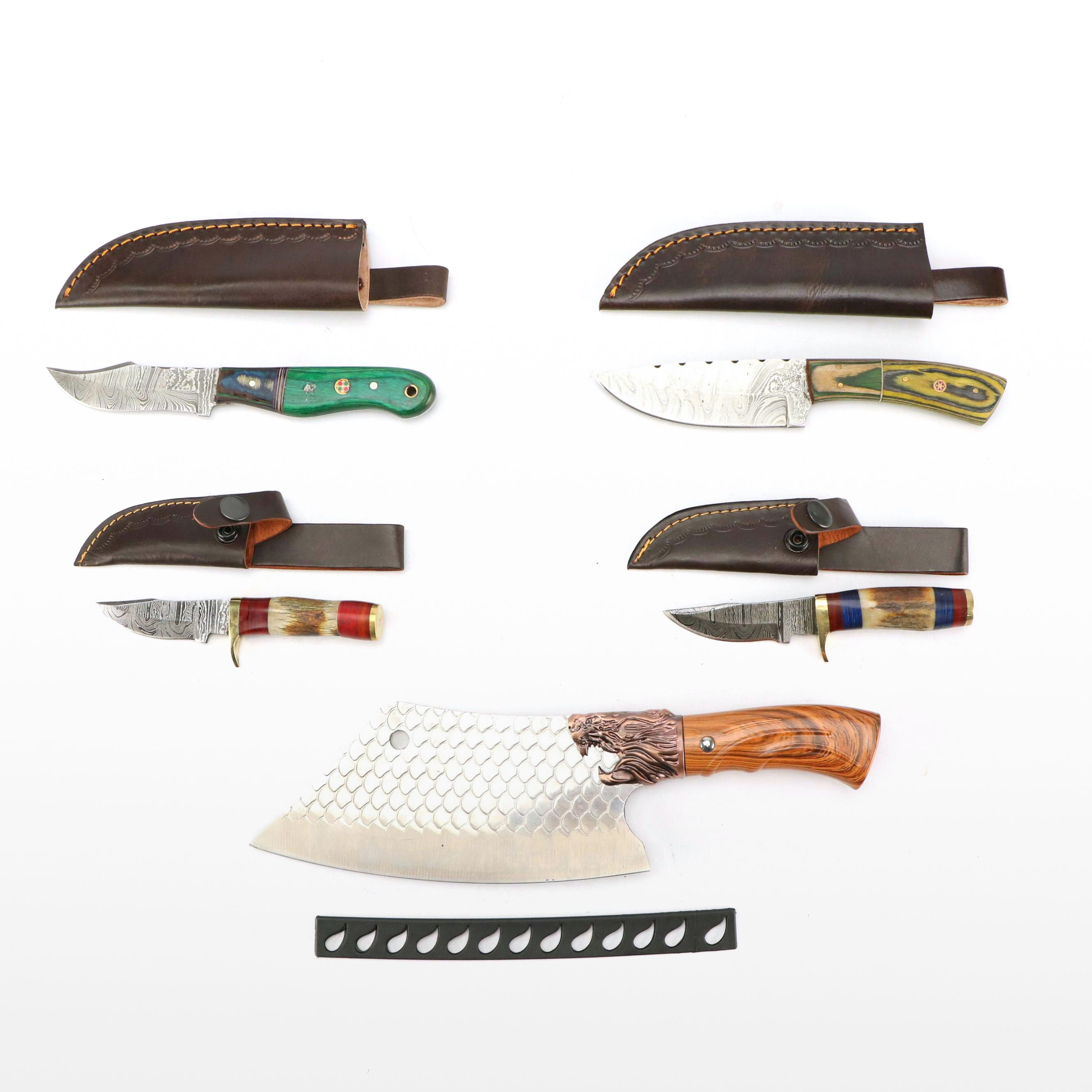 Damascus Steel Skinner and Hunting Knives with Cleaver