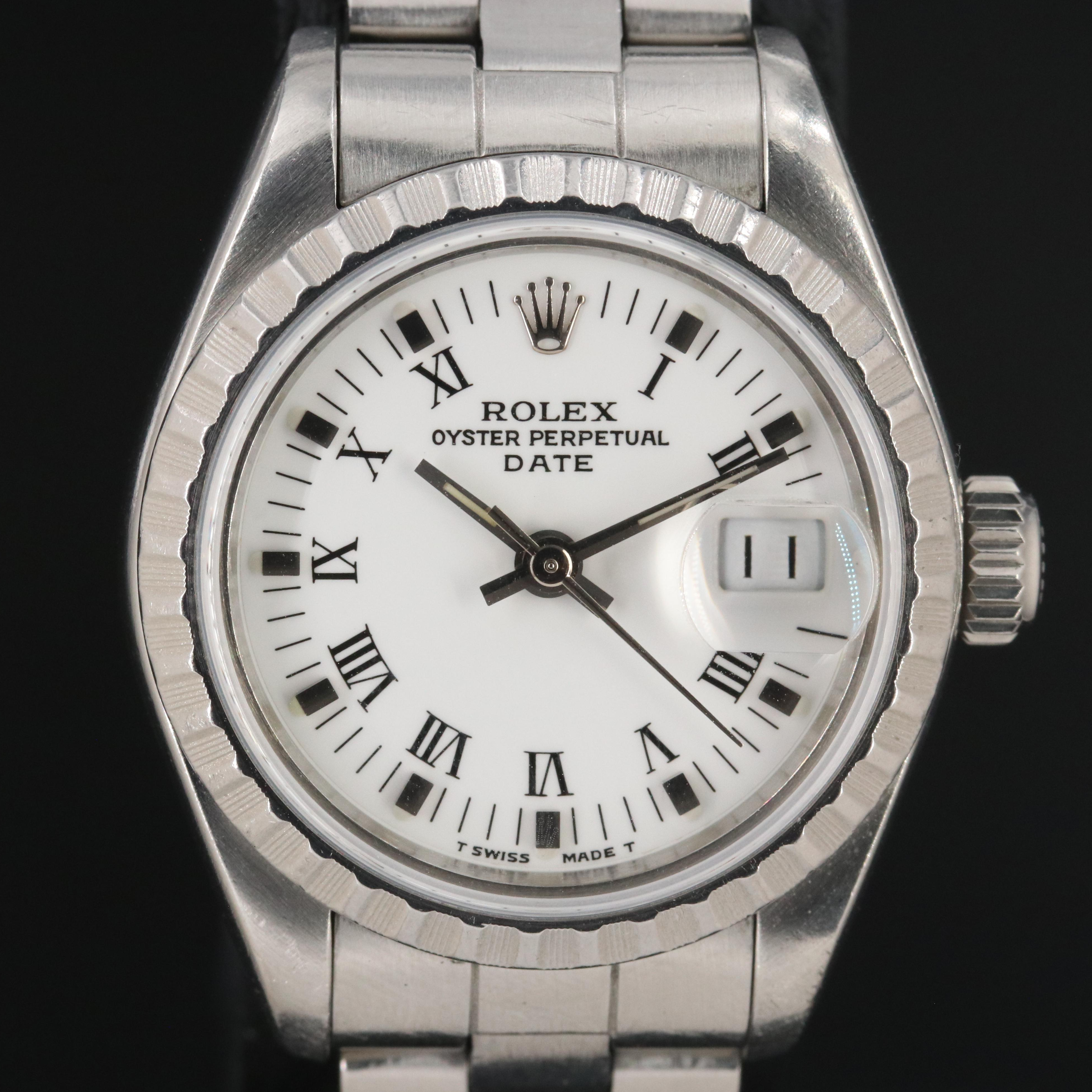 Rolex Oyster Perpetual Date 69240 White 26mm Steel Automatic Watch c.1988