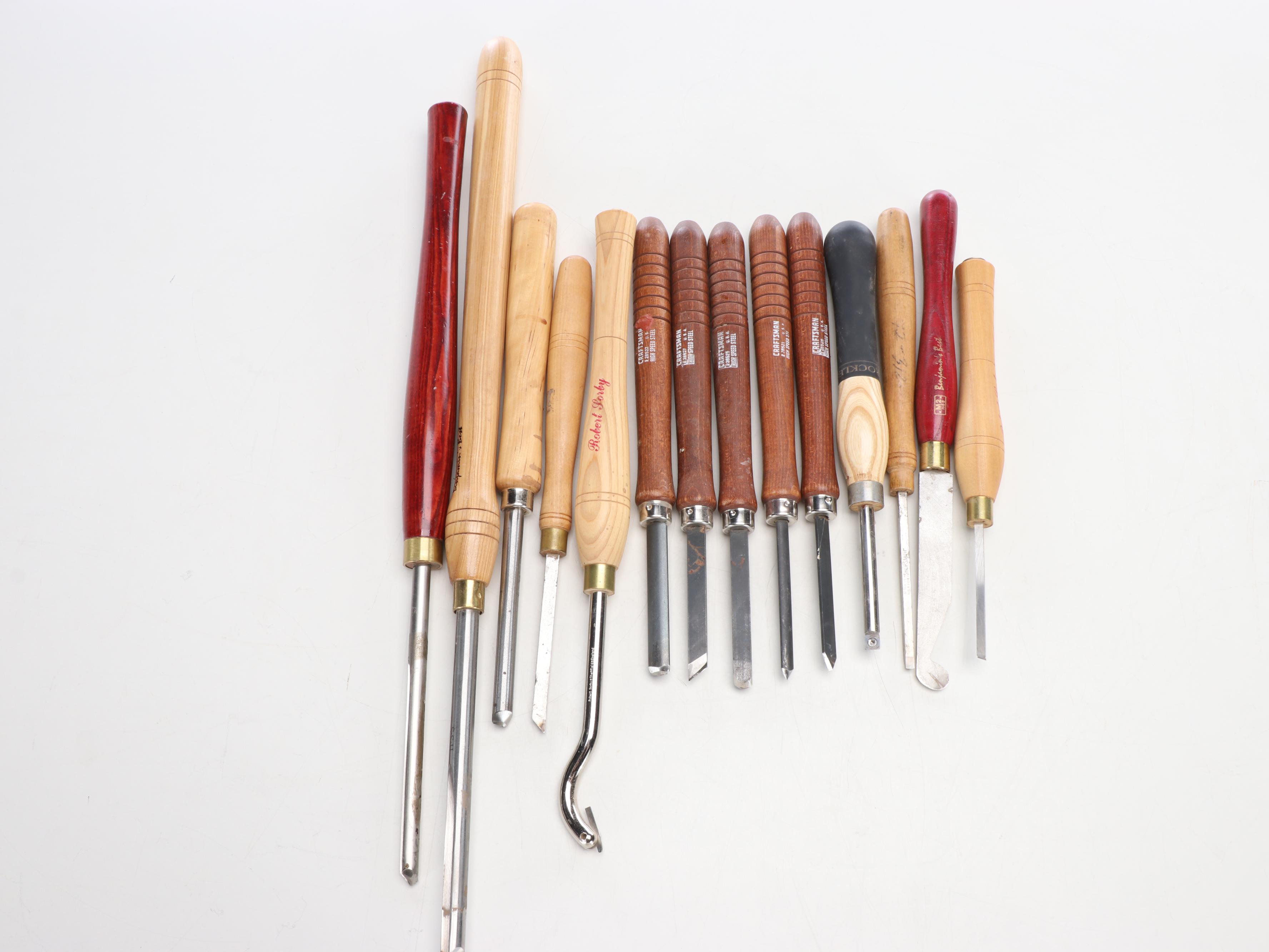 Woodworking Tool Stand with Craftsman and Assorted Wood-Handled Steel Chisels