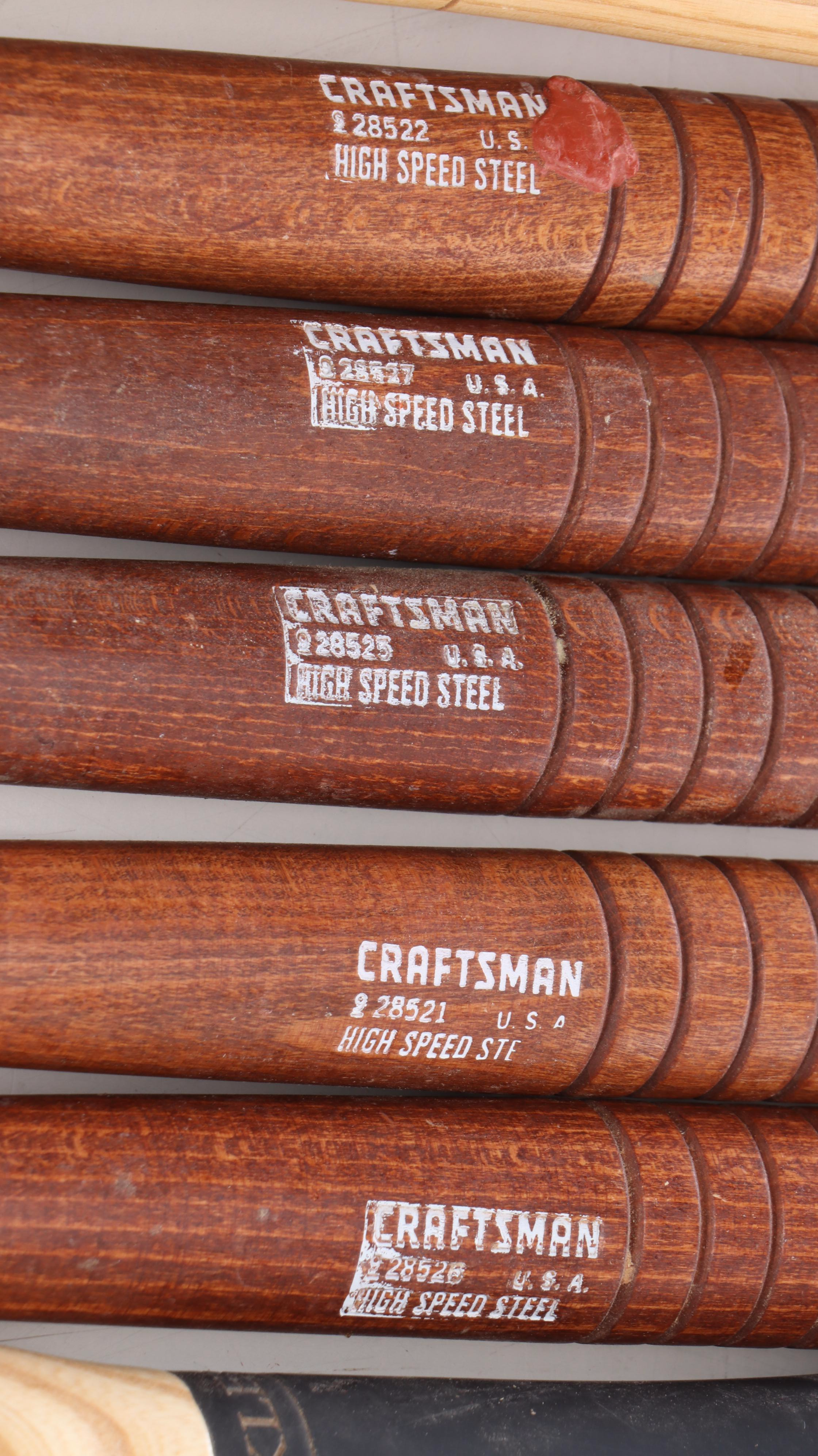 Woodworking Tool Stand with Craftsman and Assorted Wood-Handled Steel Chisels