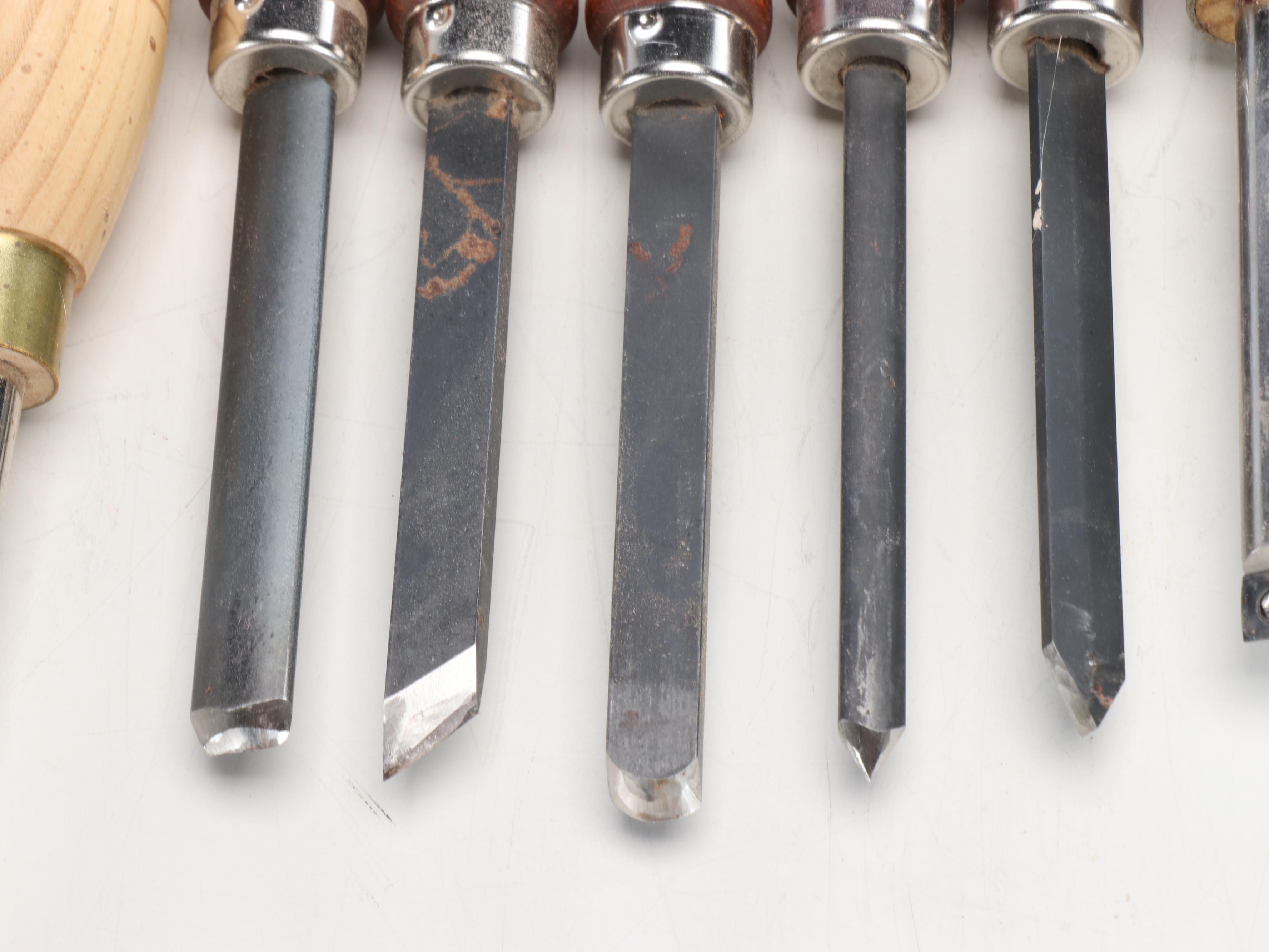 Woodworking Tool Stand with Craftsman and Assorted Wood-Handled Steel Chisels