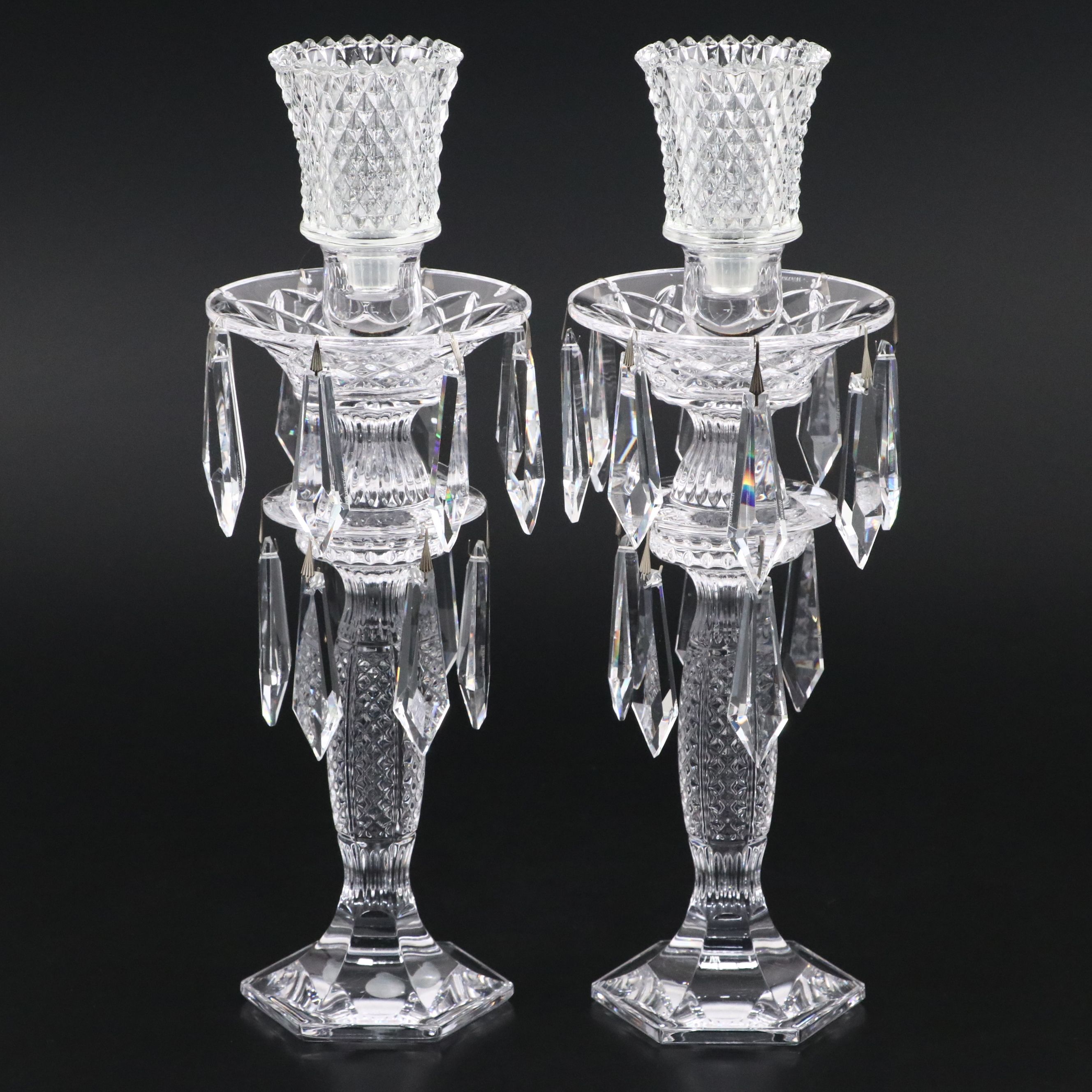 Pair of Waterford Crystal "Tara" Two-Tier Candlesticks with Diamond Point Pegs