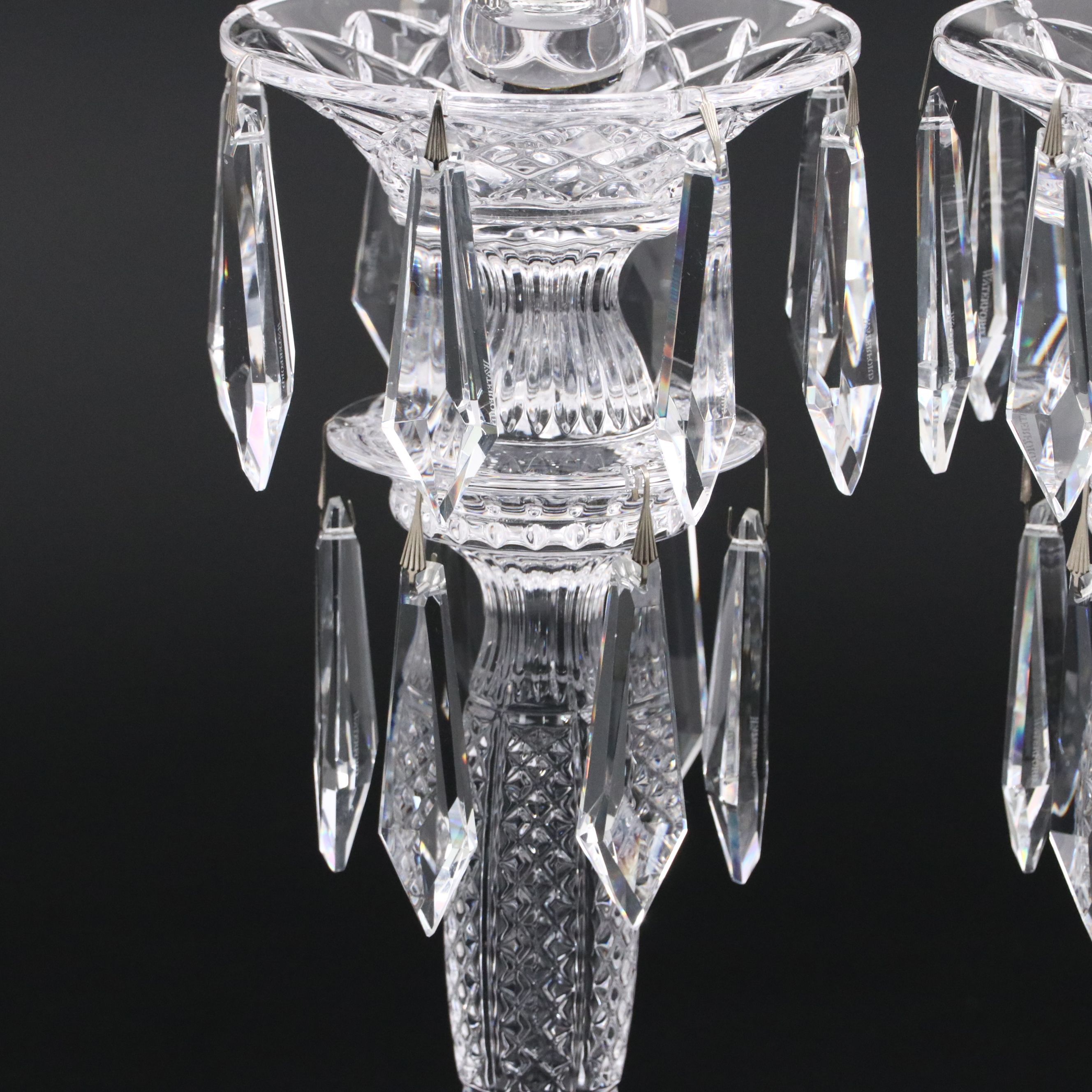 Pair of Waterford Crystal "Tara" Two-Tier Candlesticks with Diamond Point Pegs