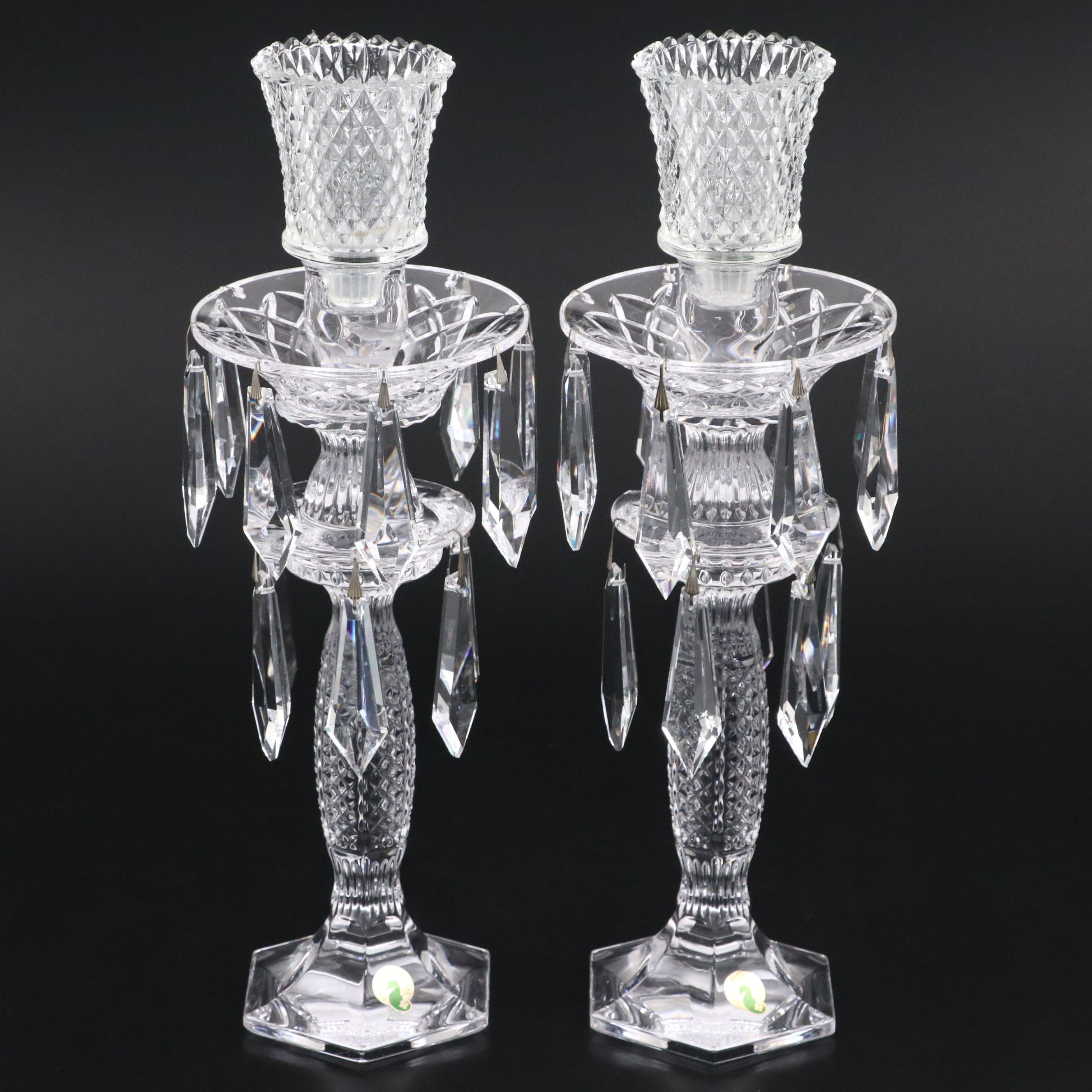 Pair of Waterford Crystal "Tara" Two-Tier Candlesticks with Diamond Point Pegs