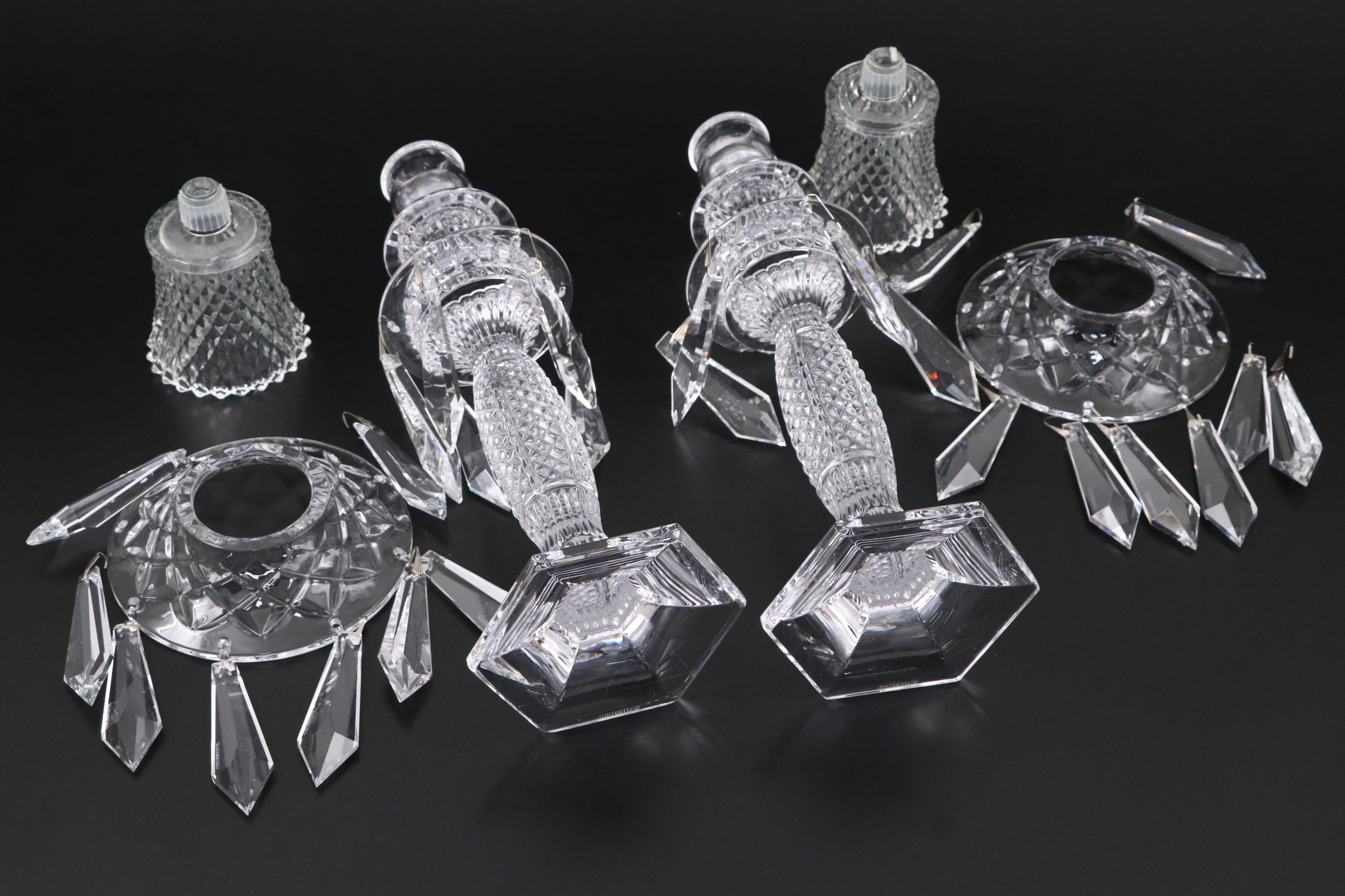 Pair of Waterford Crystal "Tara" Two-Tier Candlesticks with Diamond Point Pegs