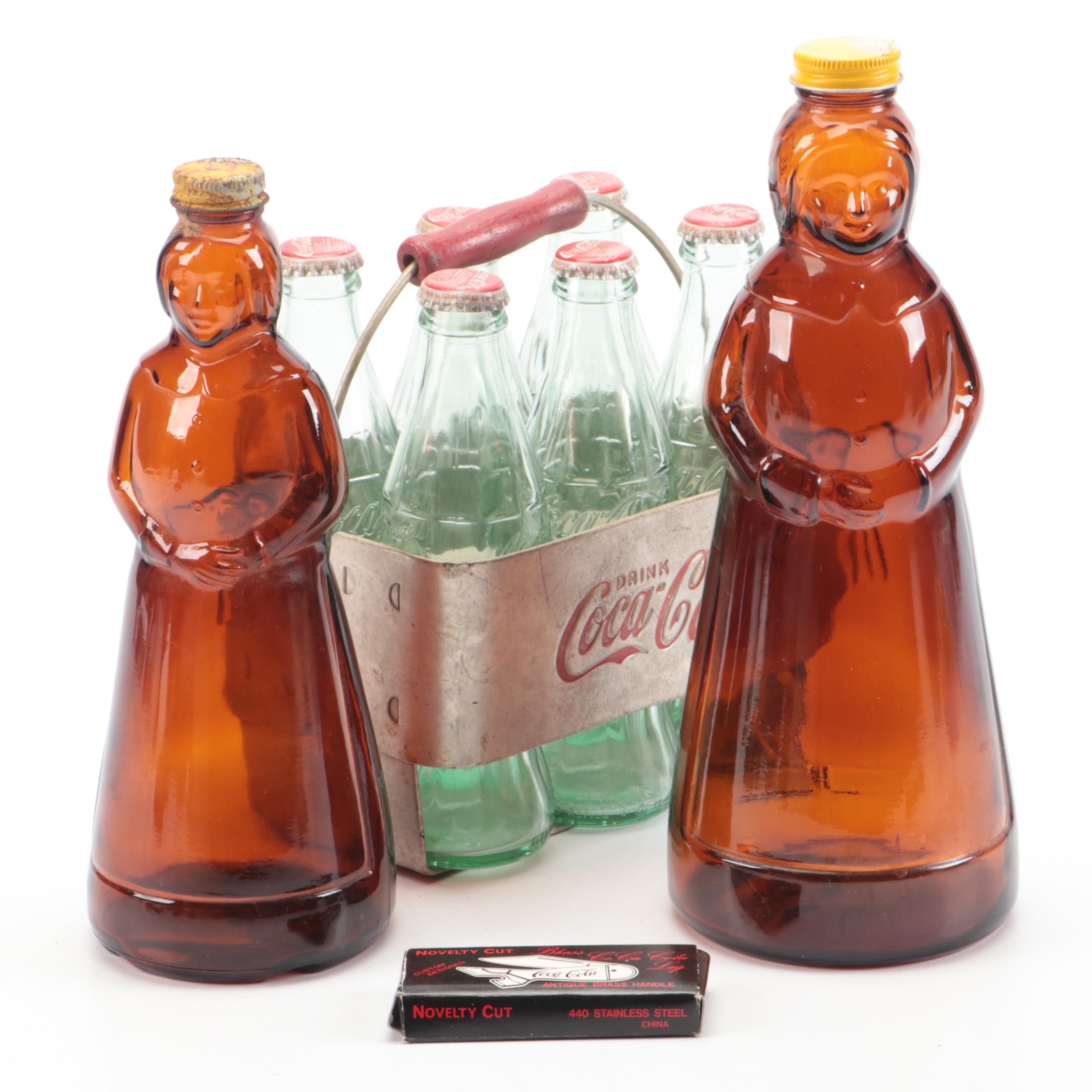 Coca-Cola and Mrs. Butterworth's Glass Bottles with Caddy and Folding Knife