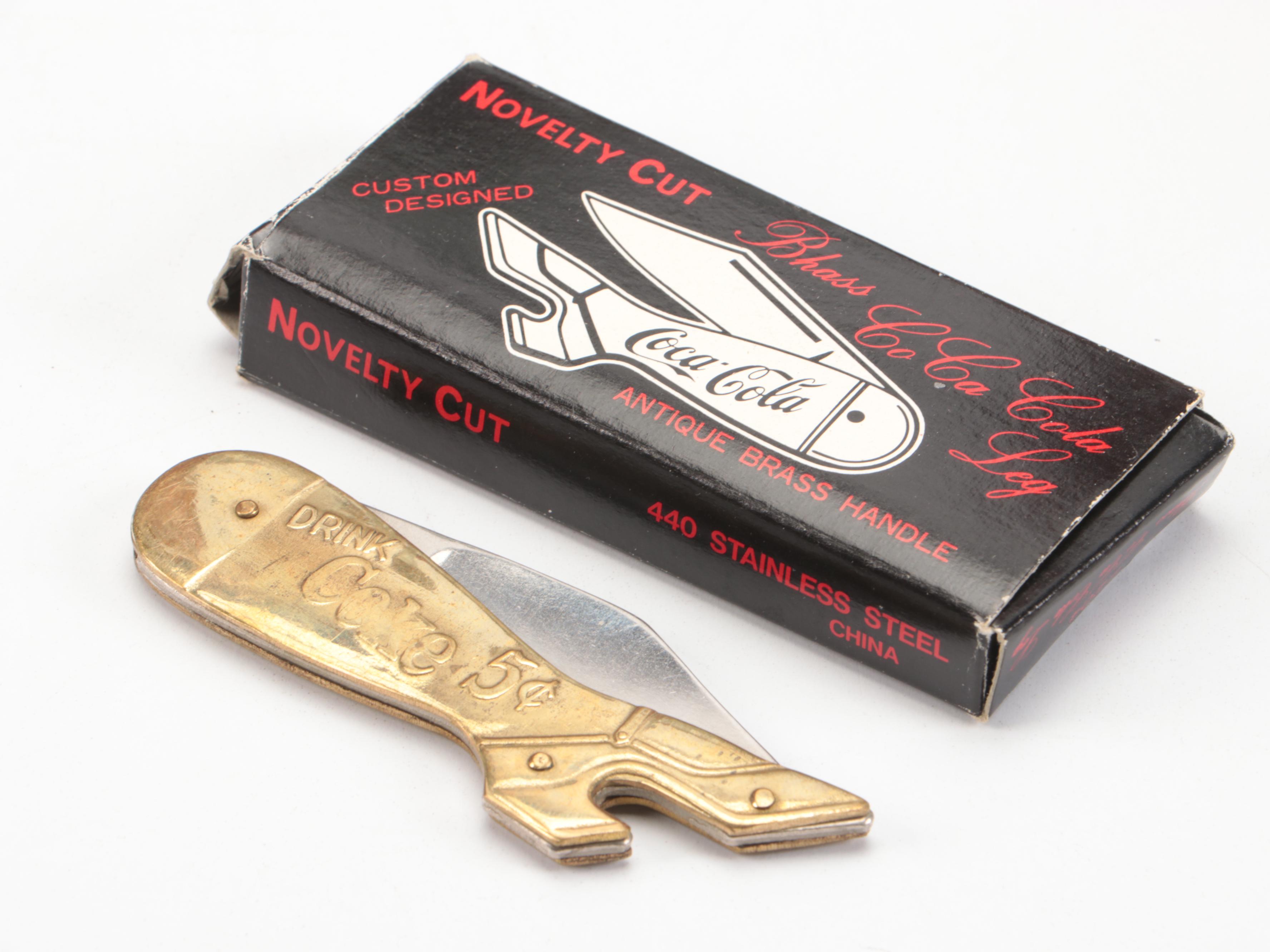 Coca-Cola and Mrs. Butterworth's Glass Bottles with Caddy and Folding Knife