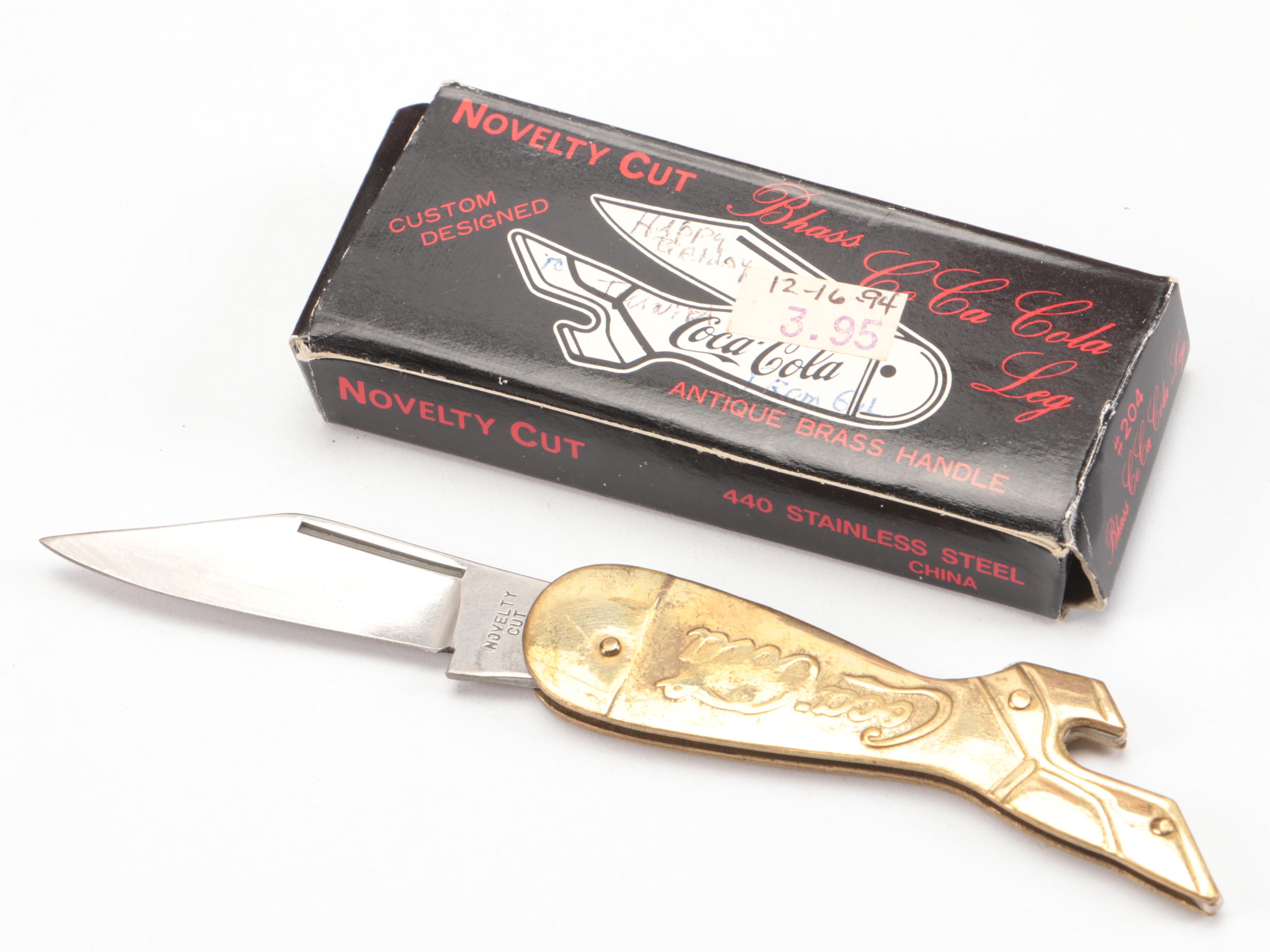 Coca-Cola and Mrs. Butterworth's Glass Bottles with Caddy and Folding Knife