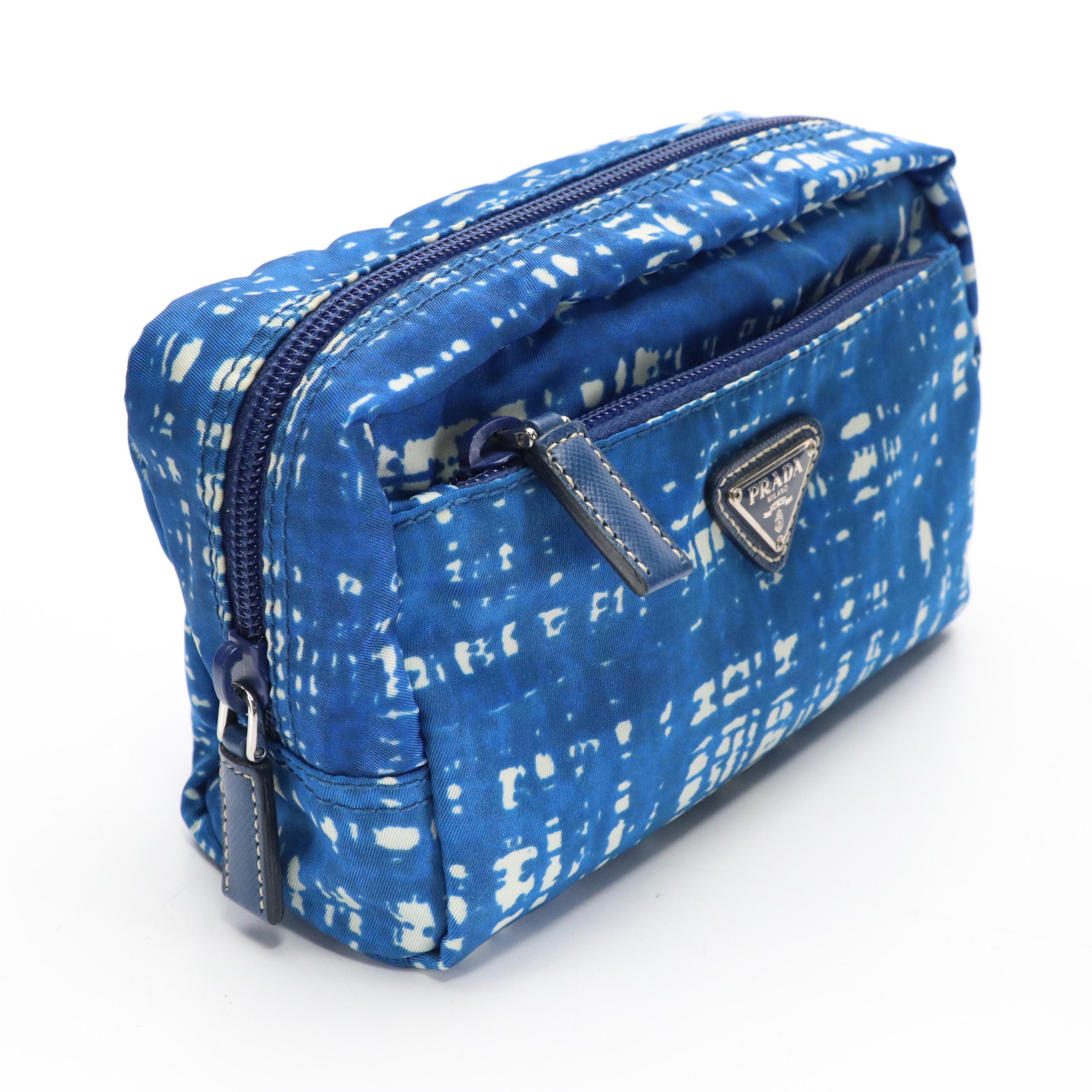 Prada Zip Pouch in Blue and White Patterned Nylon