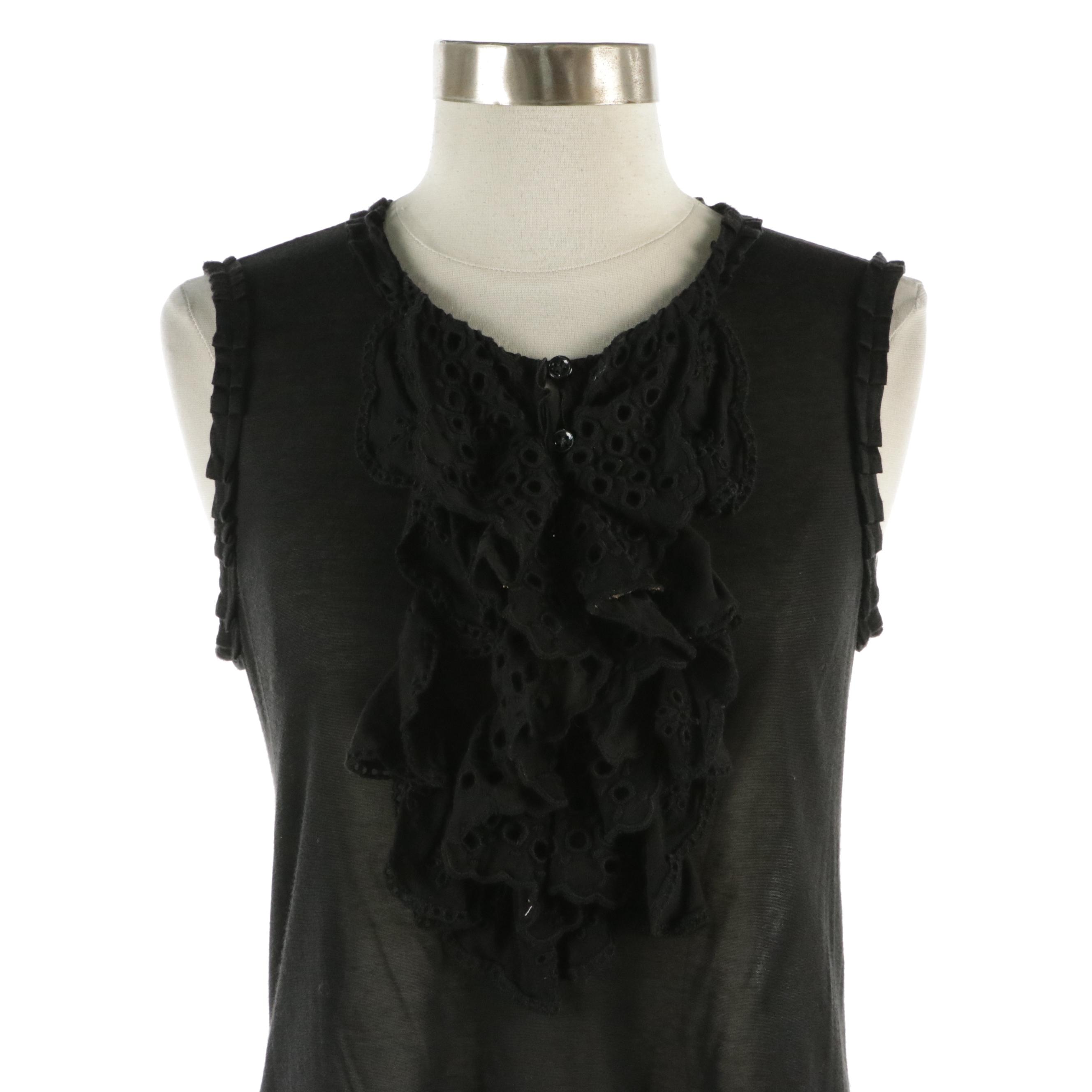 Yves Saint Laurent Black Eyelet Ruffled Sleeveless Top