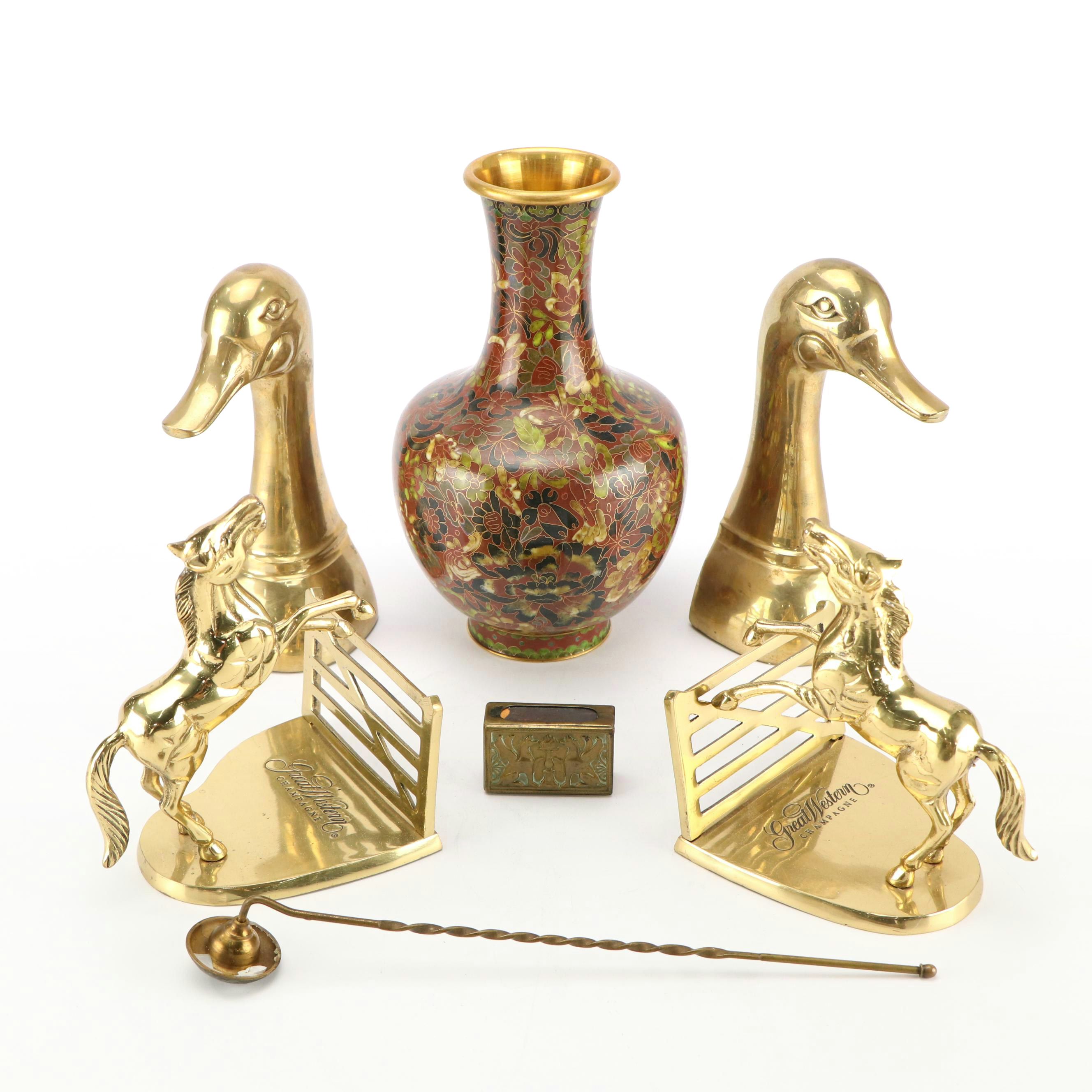 Gatco Brass Duck Bookends, Cloisonné Vase and Other Brass Décor