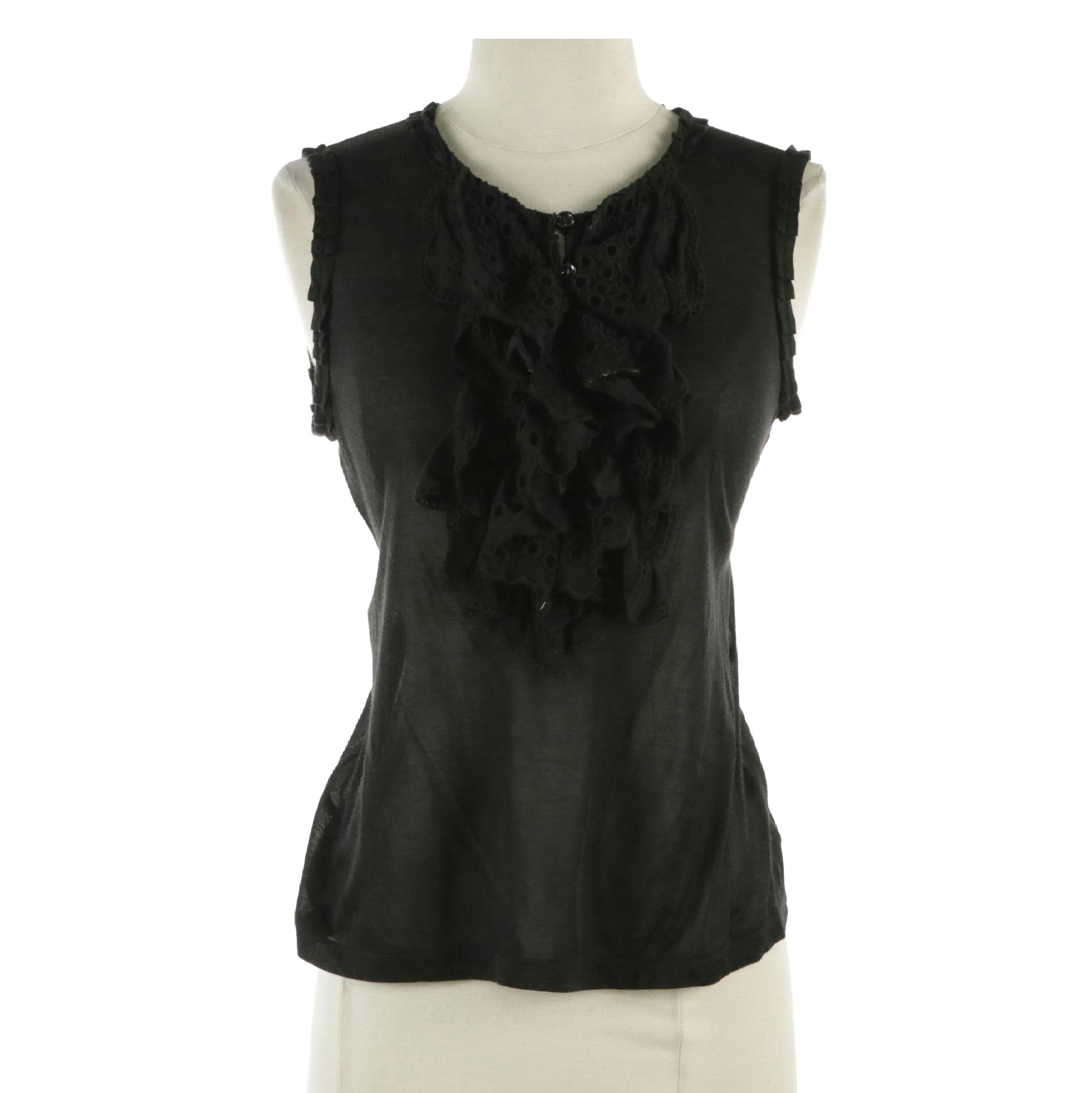 Yves Saint Laurent Black Eyelet Ruffled Sleeveless Top