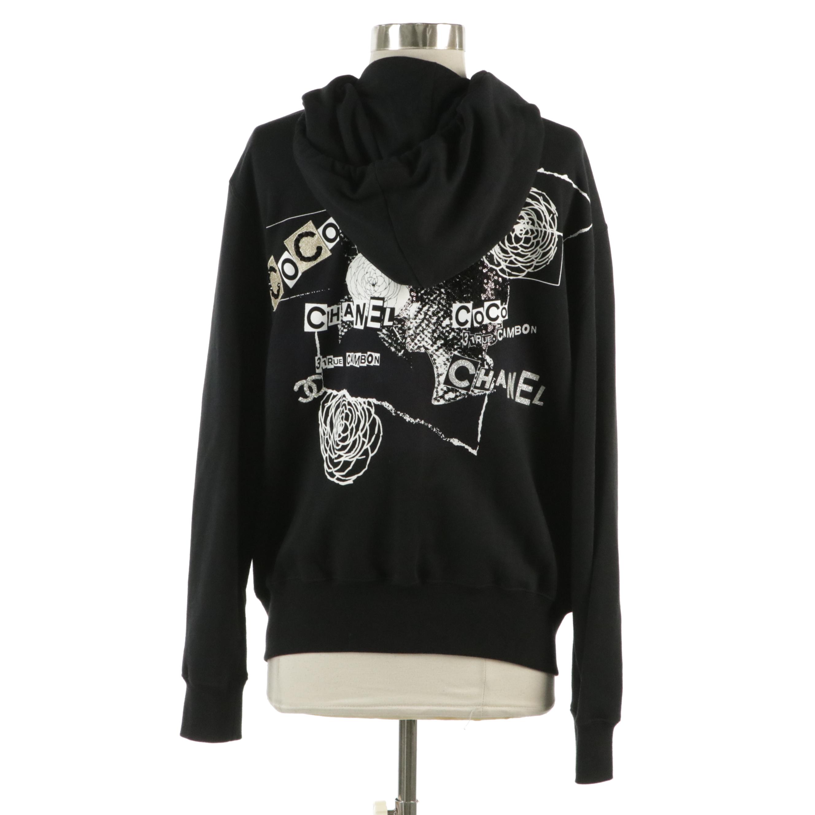 Chanel Embellished Black Coco Chanel Camellia Logo Cotton Zip Hoodie