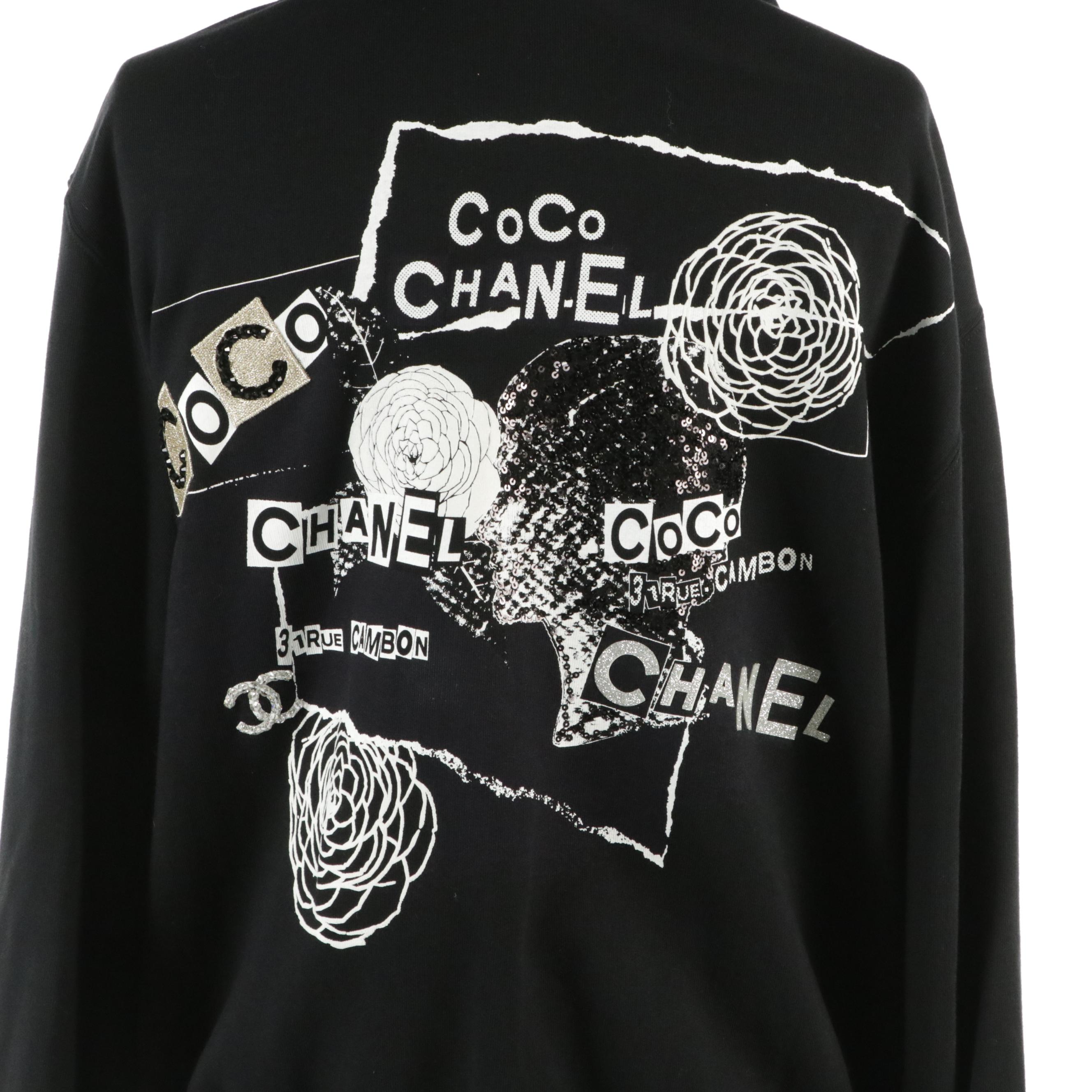 Chanel Embellished Black Coco Chanel Camellia Logo Cotton Zip Hoodie