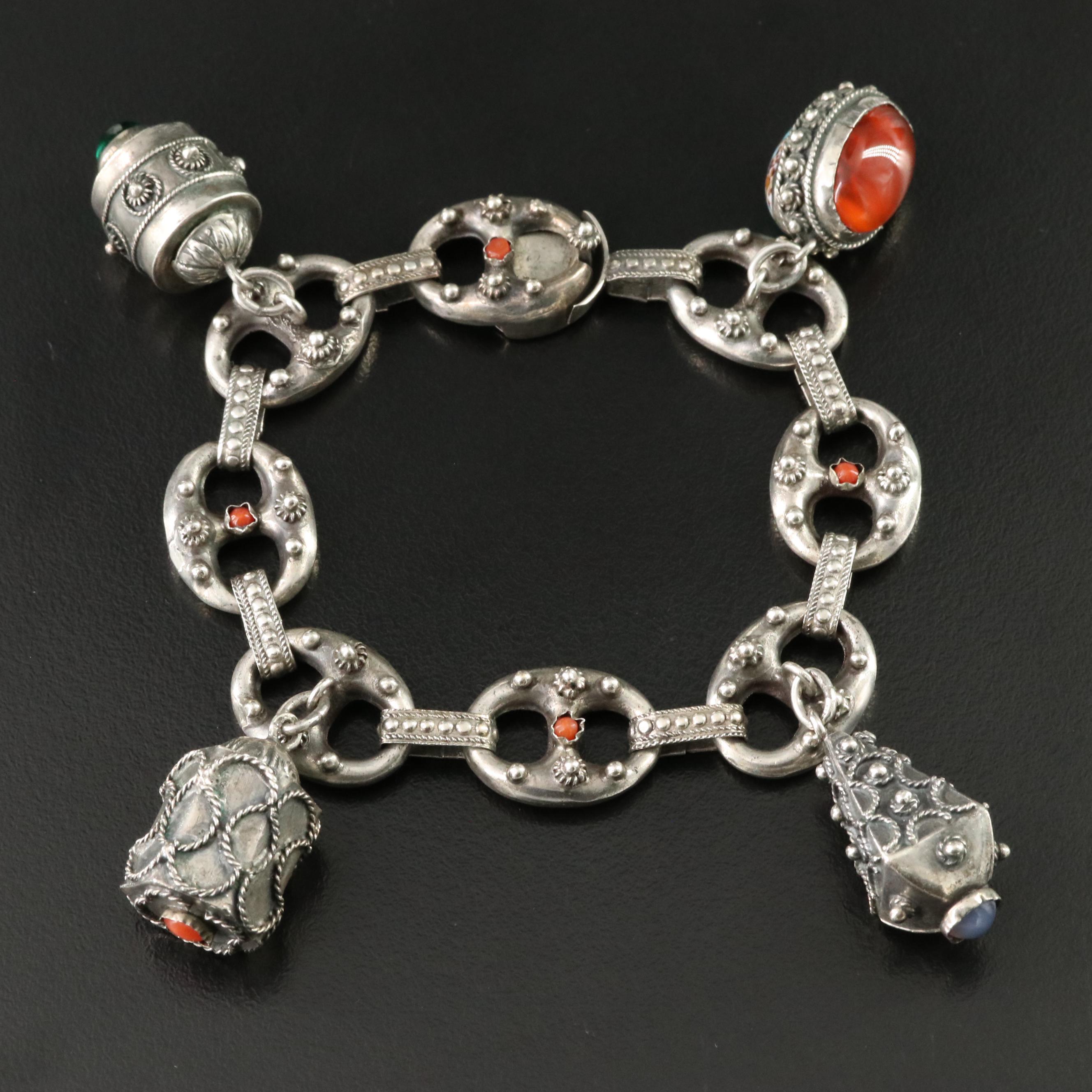 1930s 800 Silver Charm Bracelet Including Coral, Chalcedony and Carnelian