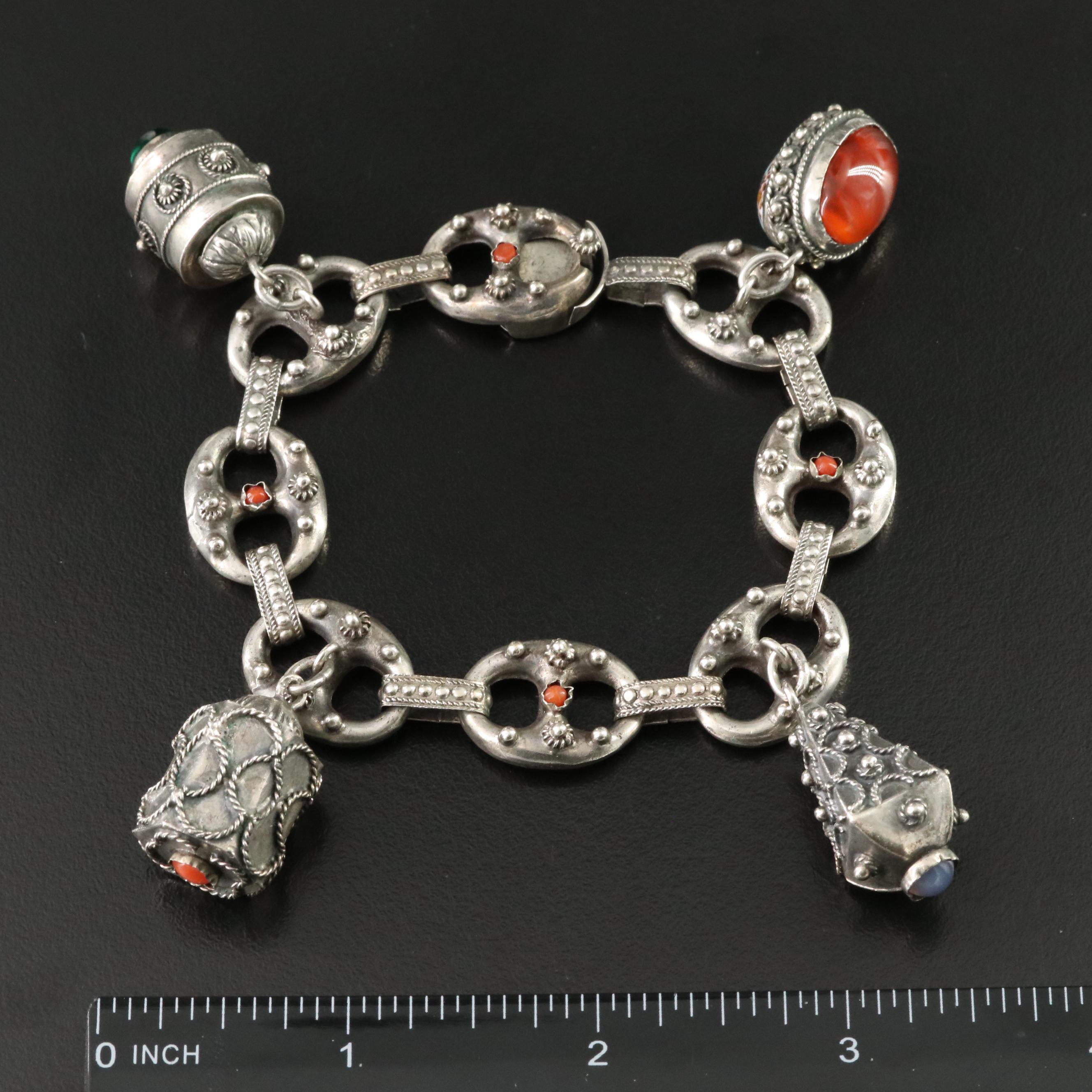 1930s 800 Silver Charm Bracelet Including Coral, Chalcedony and Carnelian