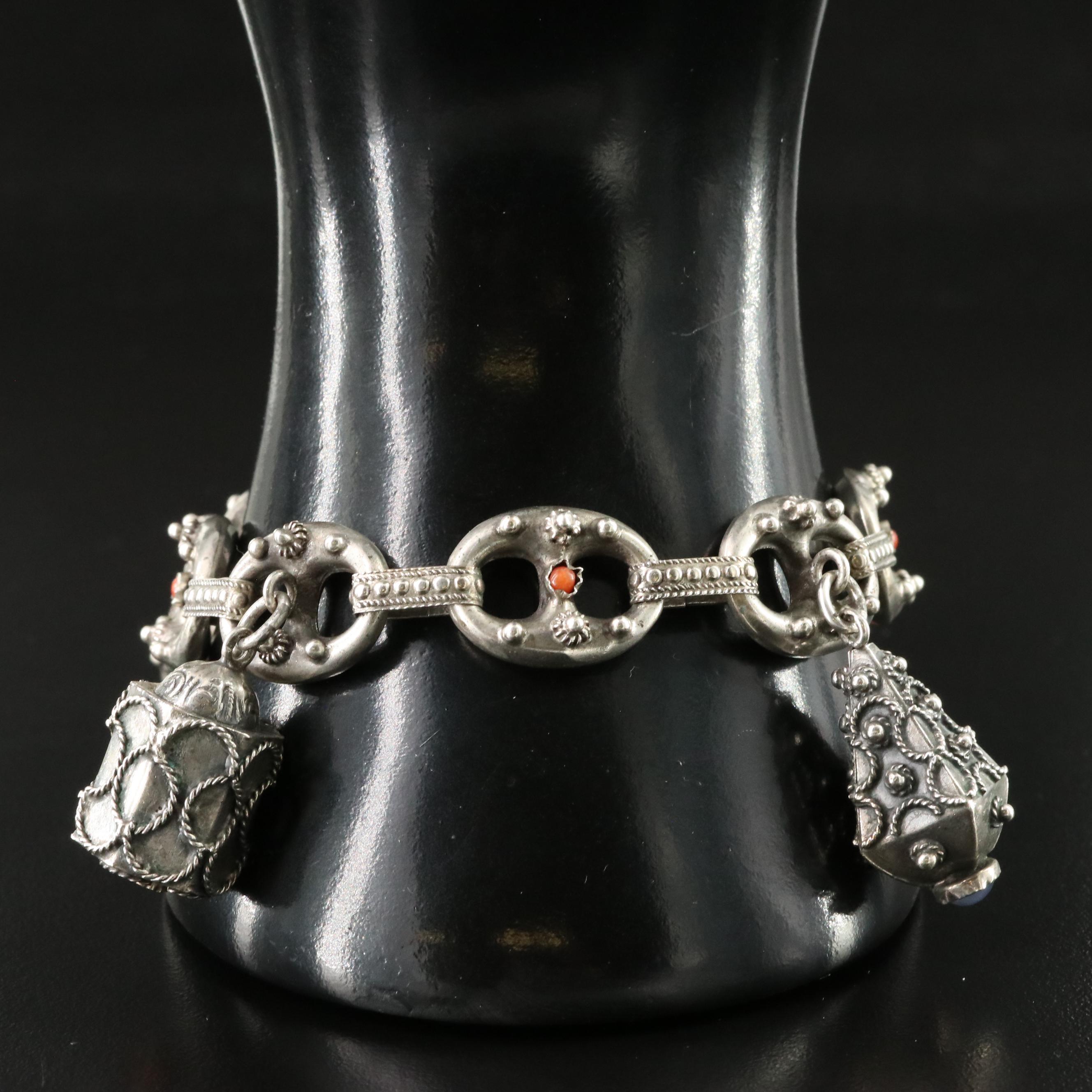 1930s 800 Silver Charm Bracelet Including Coral, Chalcedony and Carnelian
