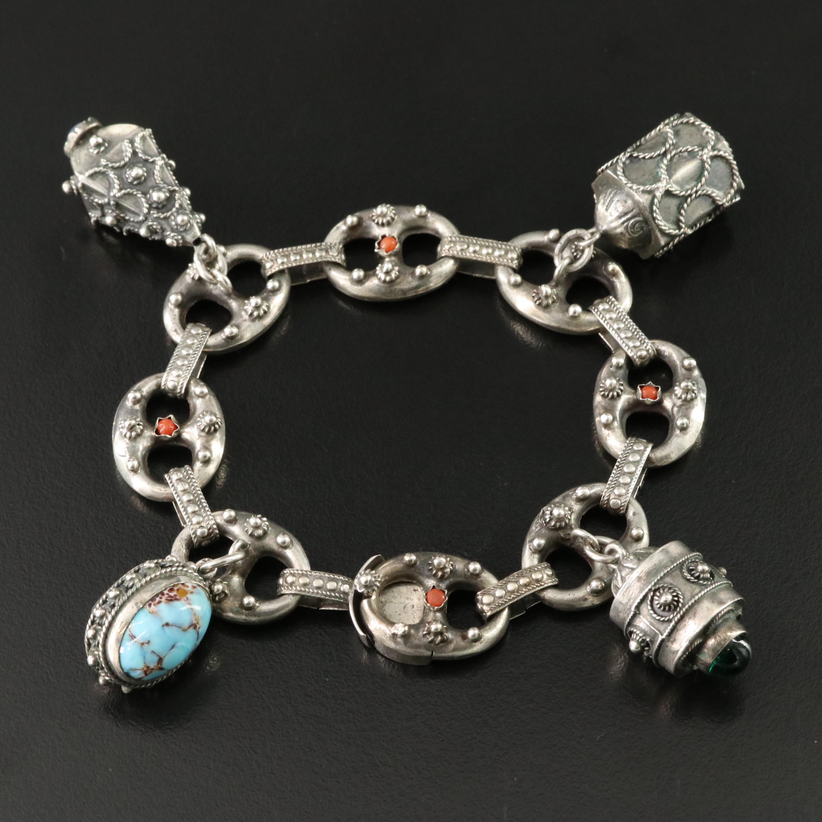 1930s 800 Silver Charm Bracelet Including Coral, Chalcedony and Carnelian
