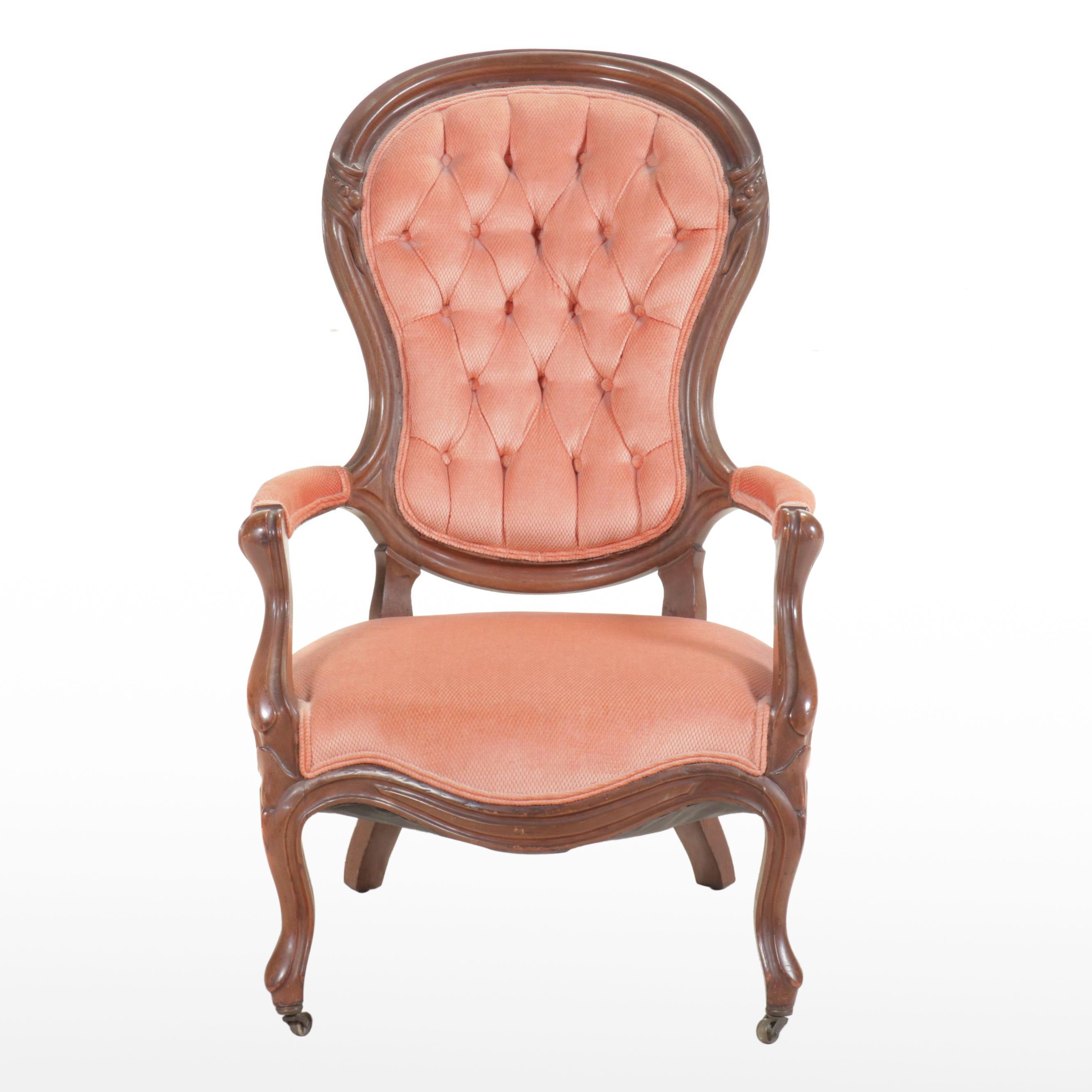 Victorian Louis XV Style Button-Tufted Upholstered Walnut Fauteuil