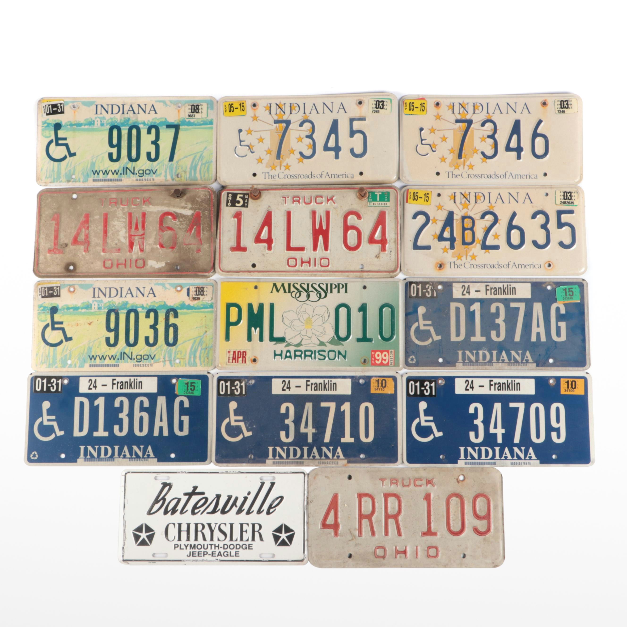Indiana, Ohio, and Mississippi License Plates with Dealer Plate