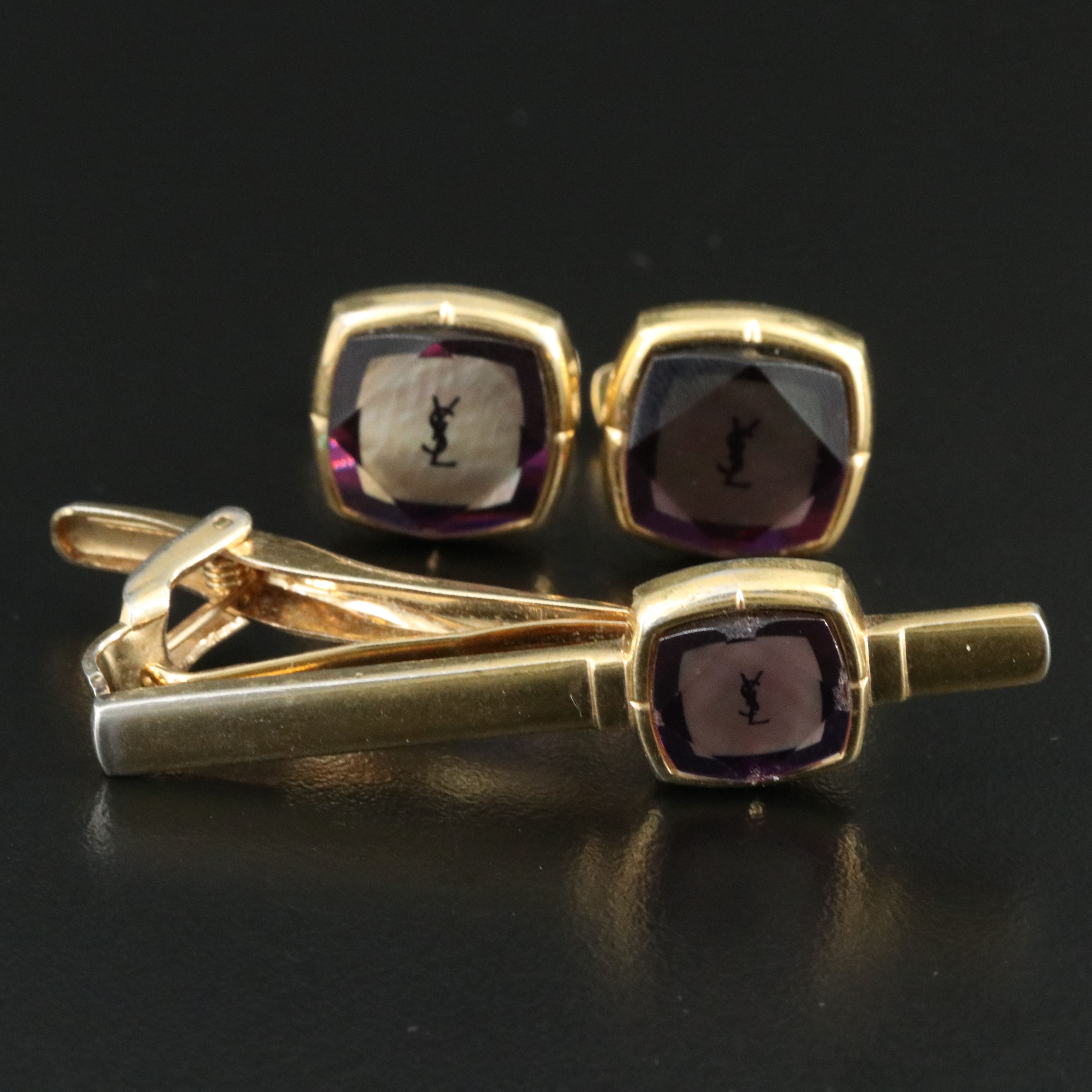 Yves St Laurent YSL Crystal and Mother of Pearl Cufflinks and Tie Clip