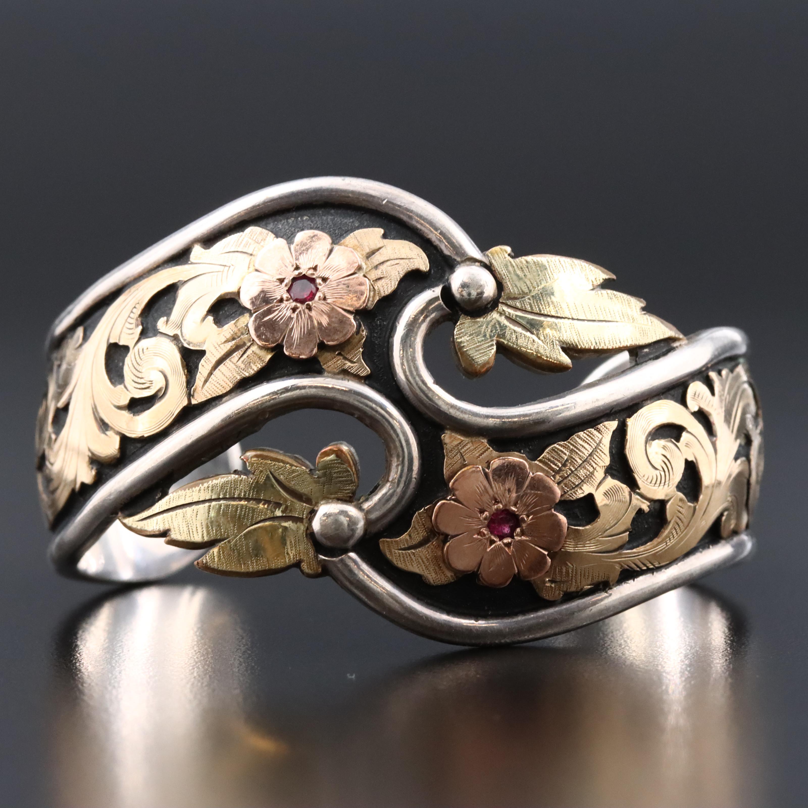 1995 Bob Berg Sterling Floral Cuff with Rubies and Gold-Filled Accents