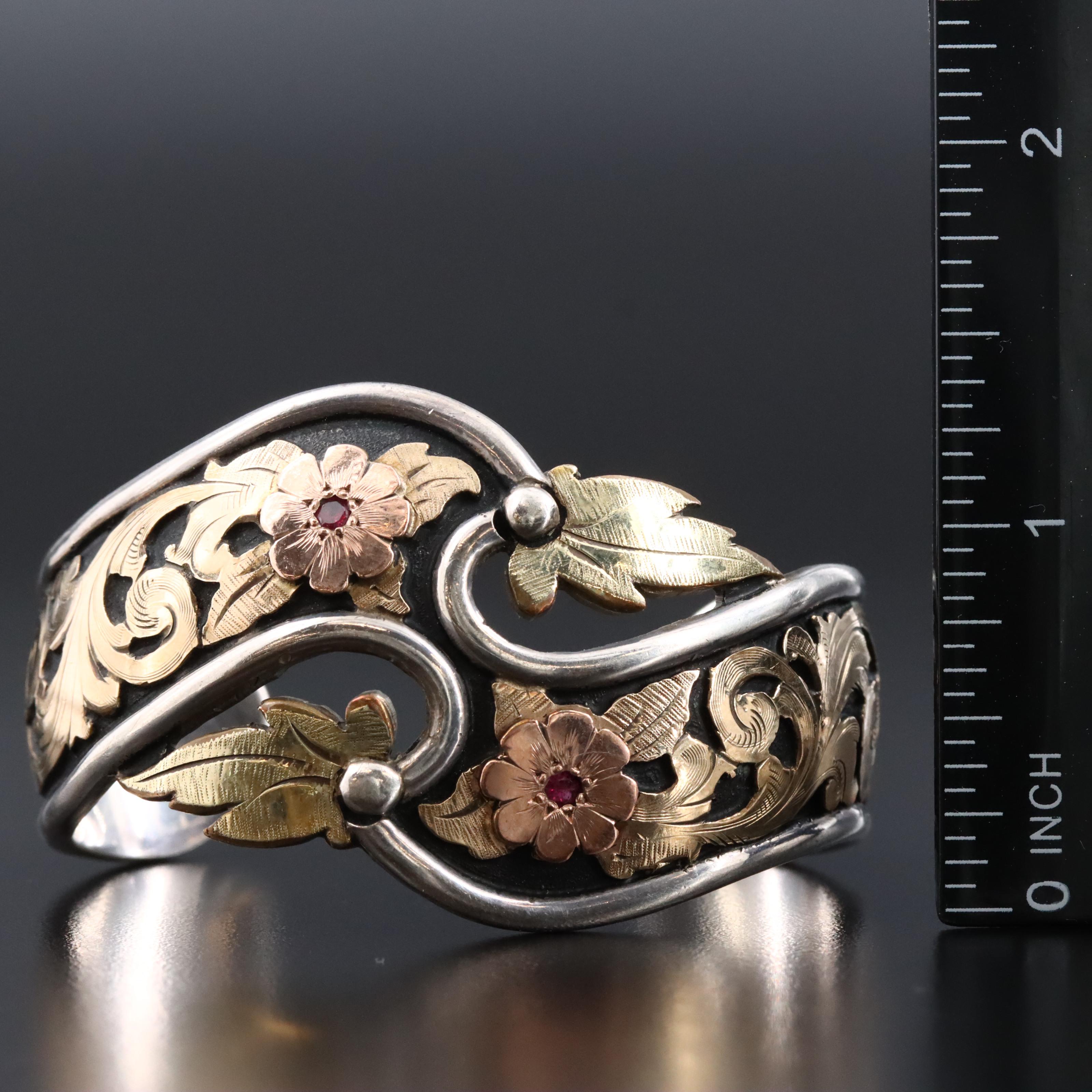 1995 Bob Berg Sterling Floral Cuff with Rubies and Gold-Filled Accents
