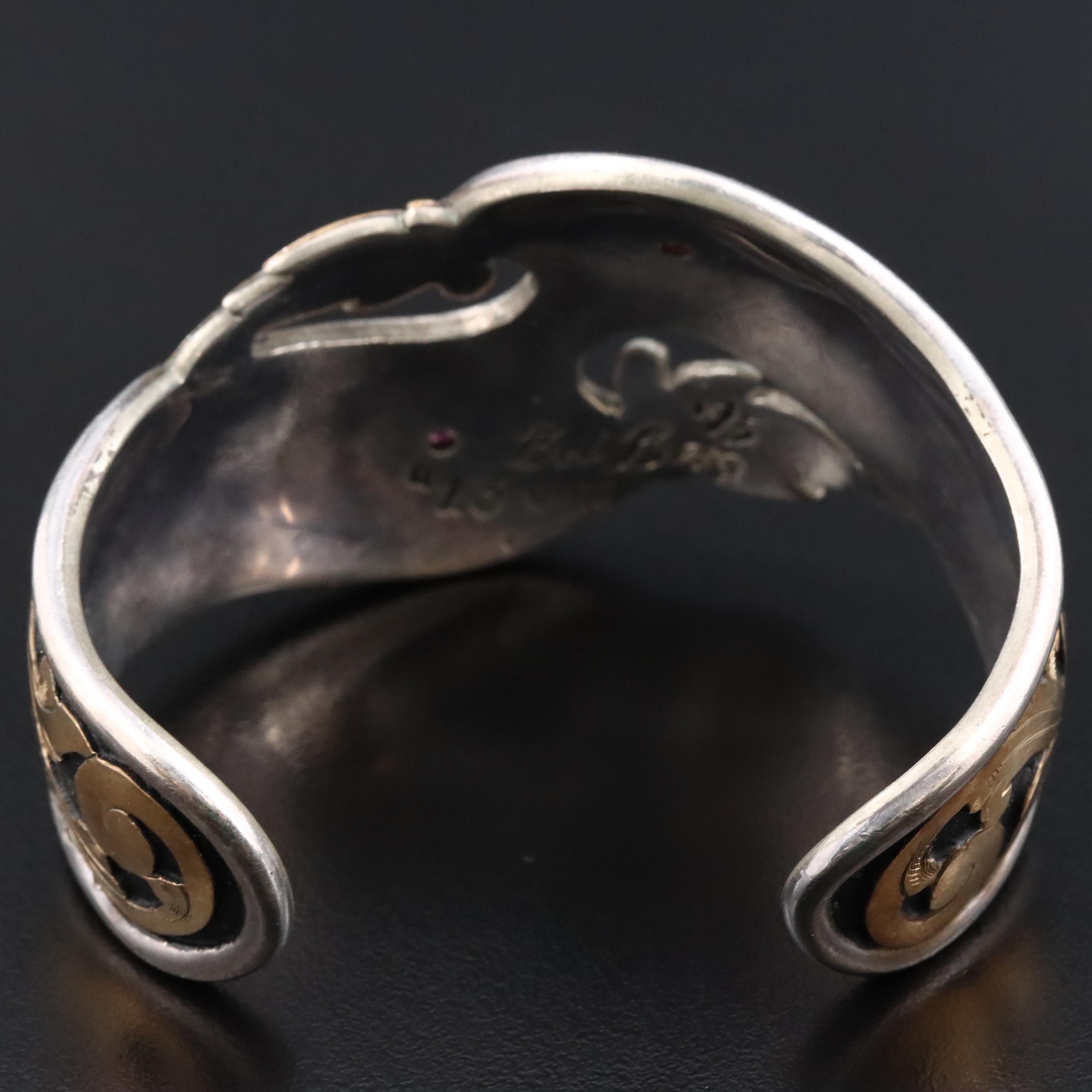 1995 Bob Berg Sterling Floral Cuff with Rubies and Gold-Filled Accents