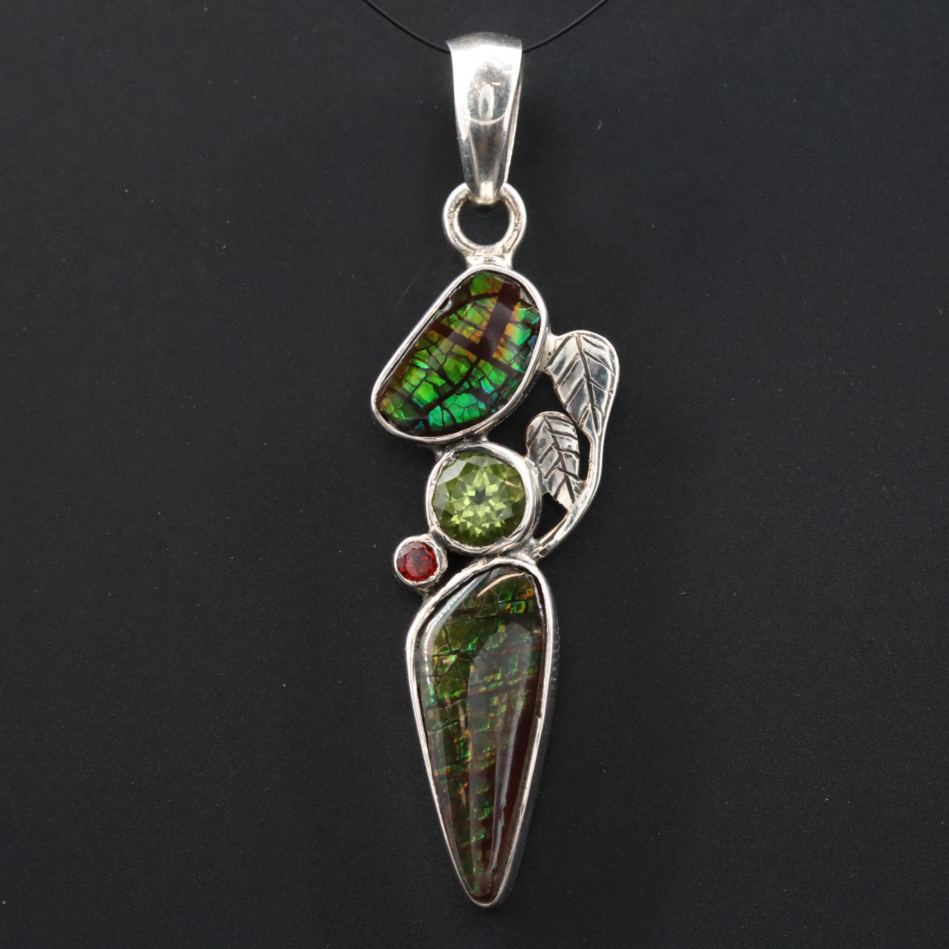 Sterling Ammolite Doublet, Garnet and Peridot Pendant