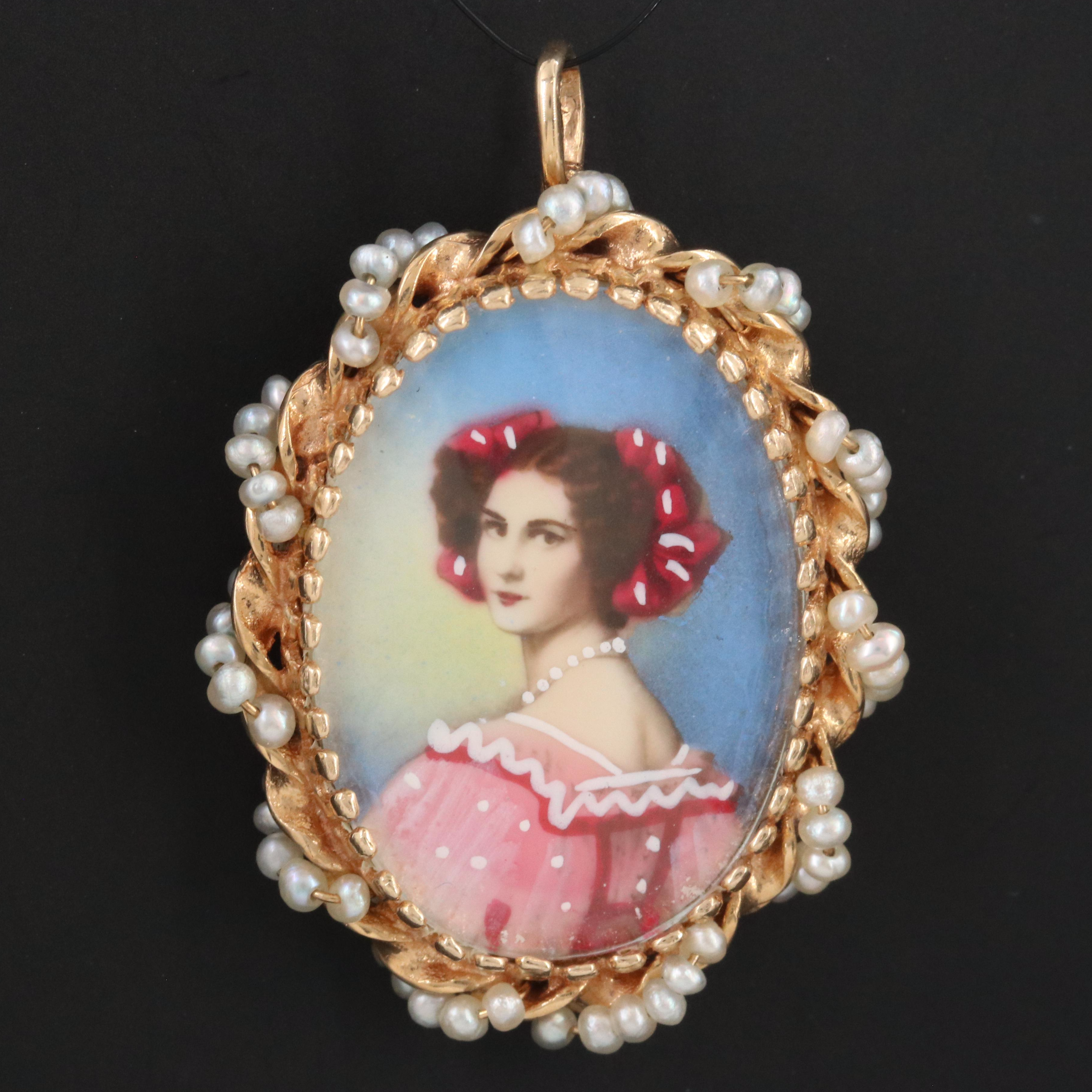 14K Portrait Miniature and Seed Pearl Converter Brooch
