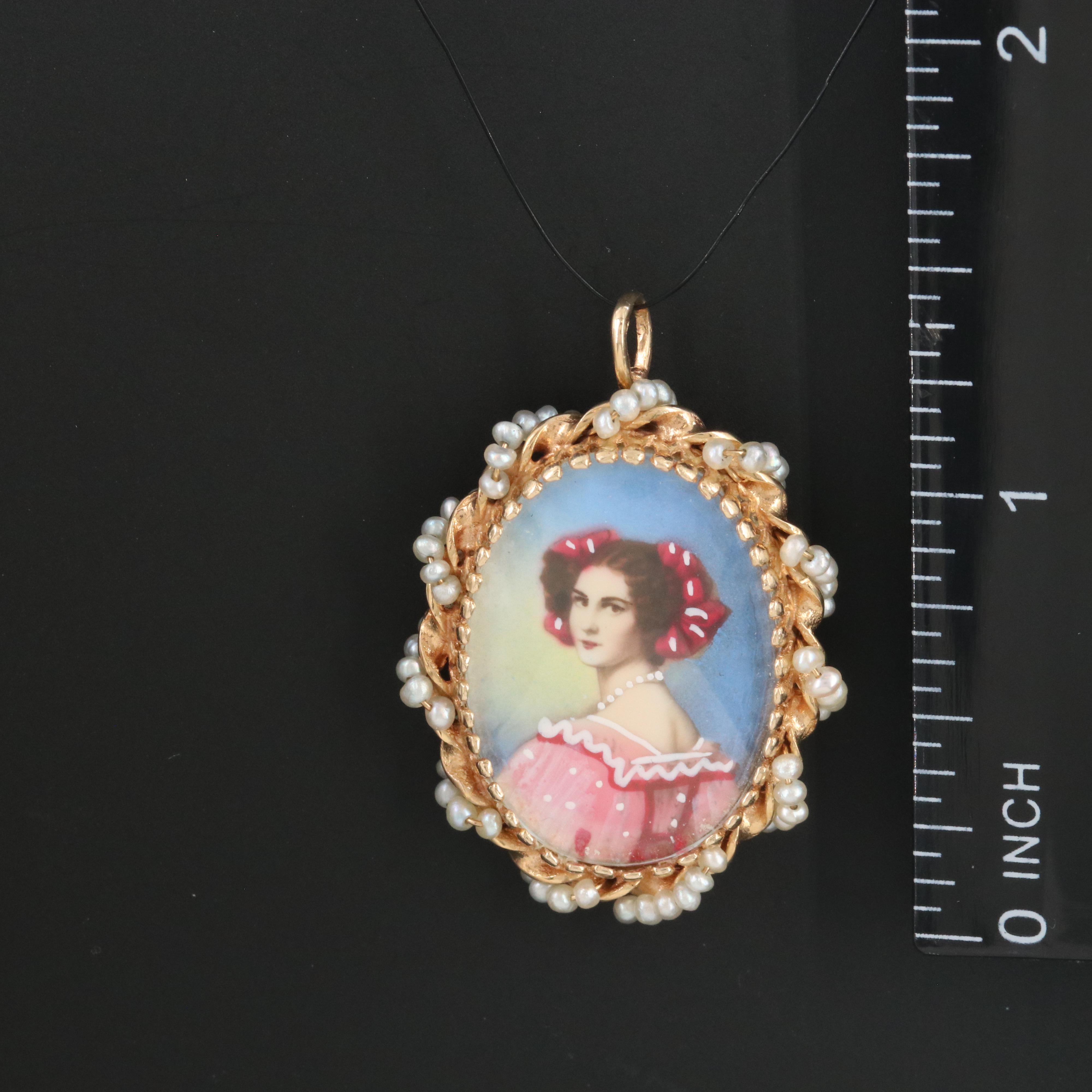 14K Portrait Miniature and Seed Pearl Converter Brooch