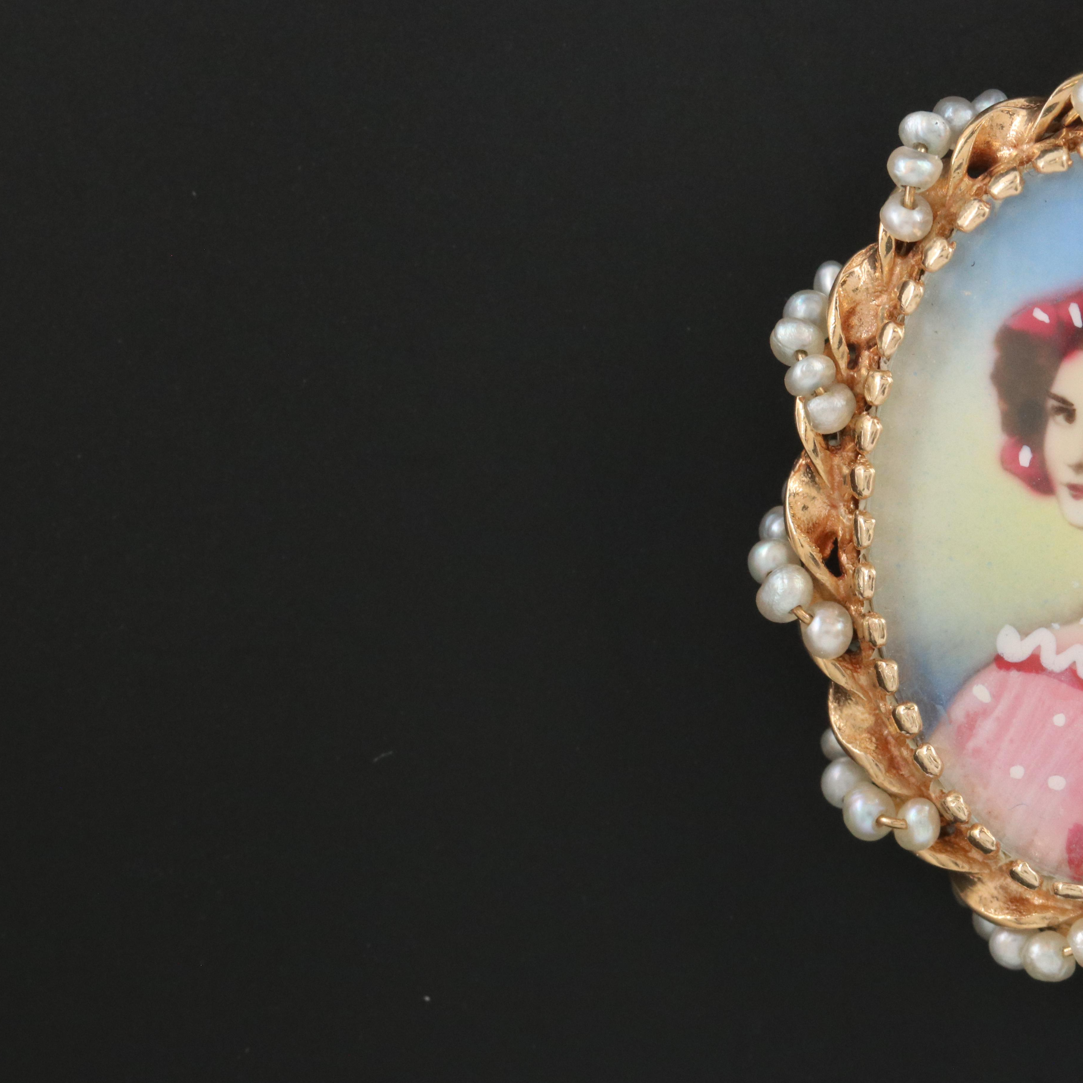 14K Portrait Miniature and Seed Pearl Converter Brooch