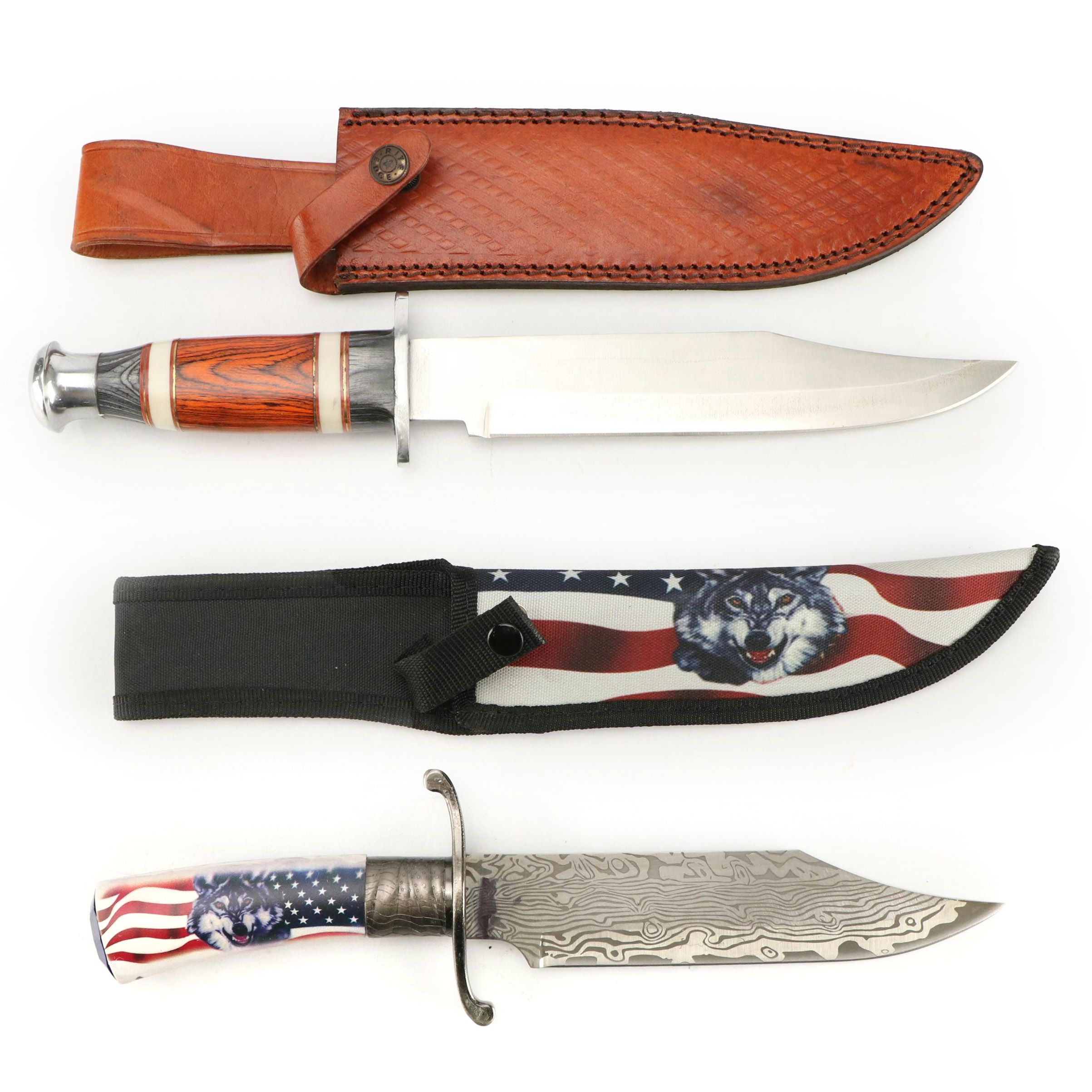 Wooden and Patriotic Wolf Handled Fixed Blade Knives in Scabbards