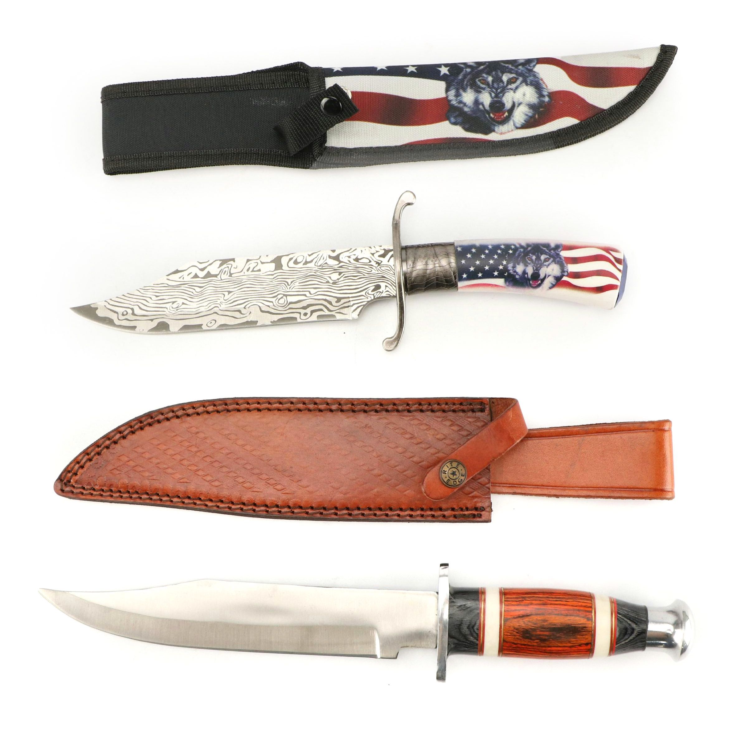 Wooden and Patriotic Wolf Handled Fixed Blade Knives in Scabbards