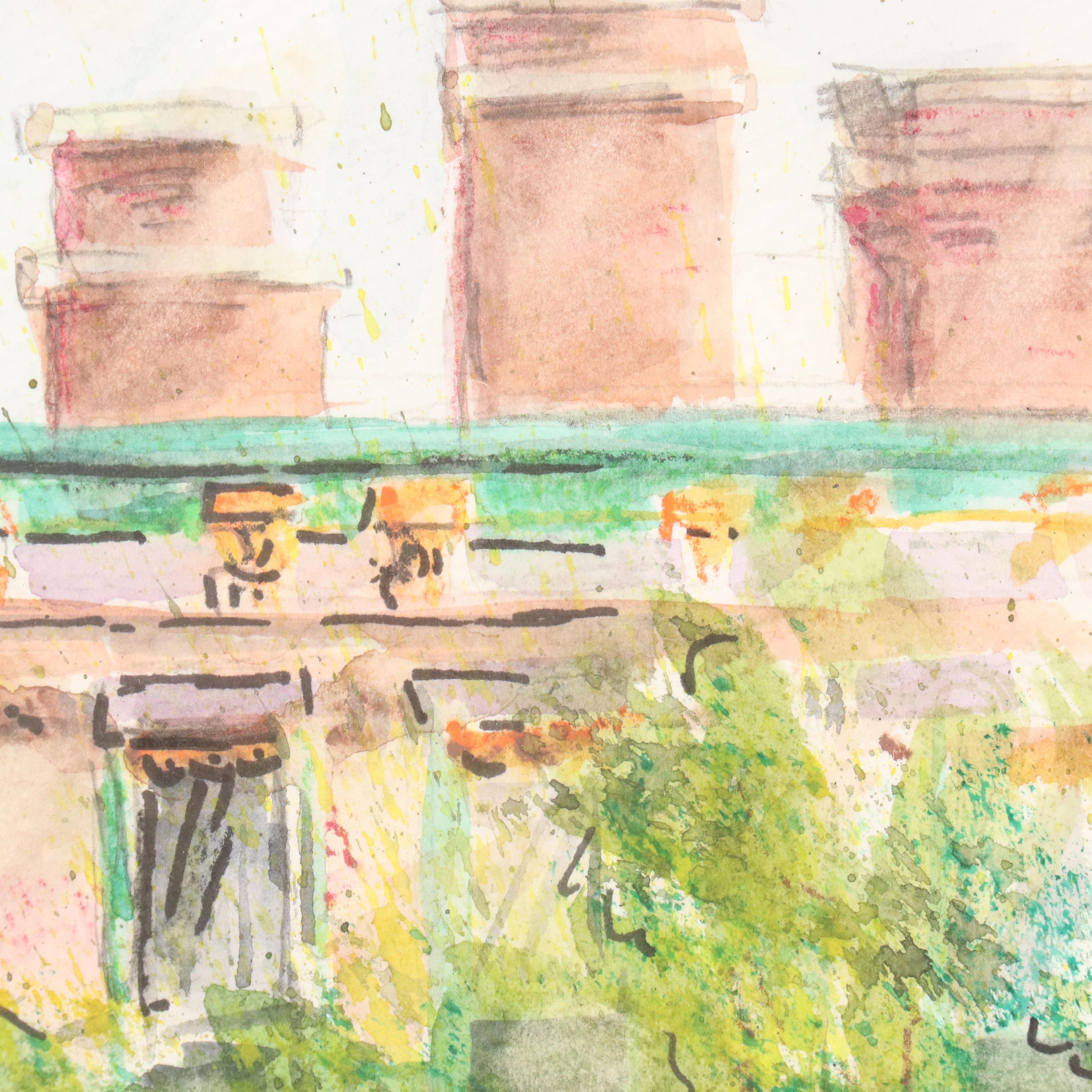 Cityscape Watercolor Painting of Street Scene