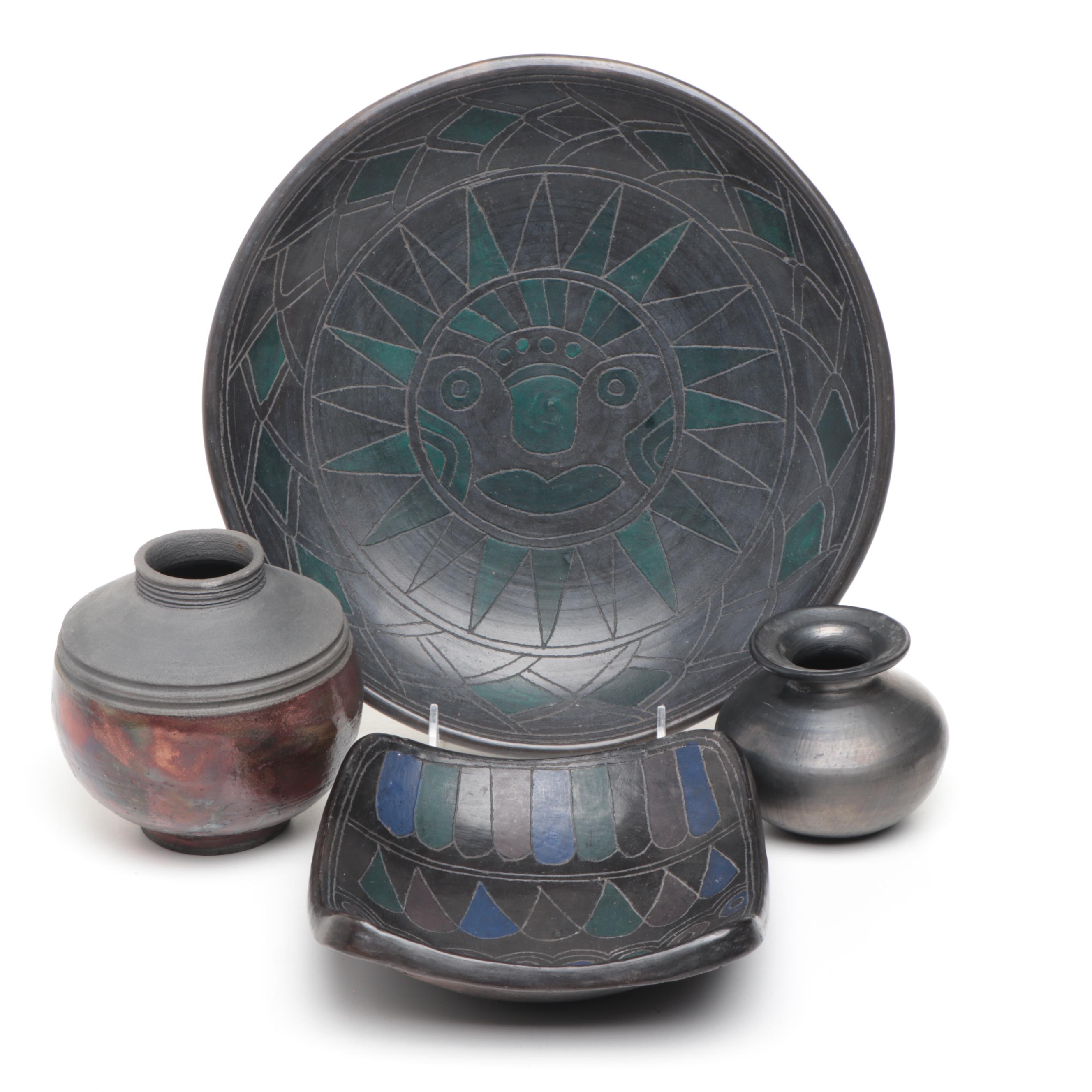 Artist Signed Ceramic Bud Vases with Ceramic Decorative Bowls