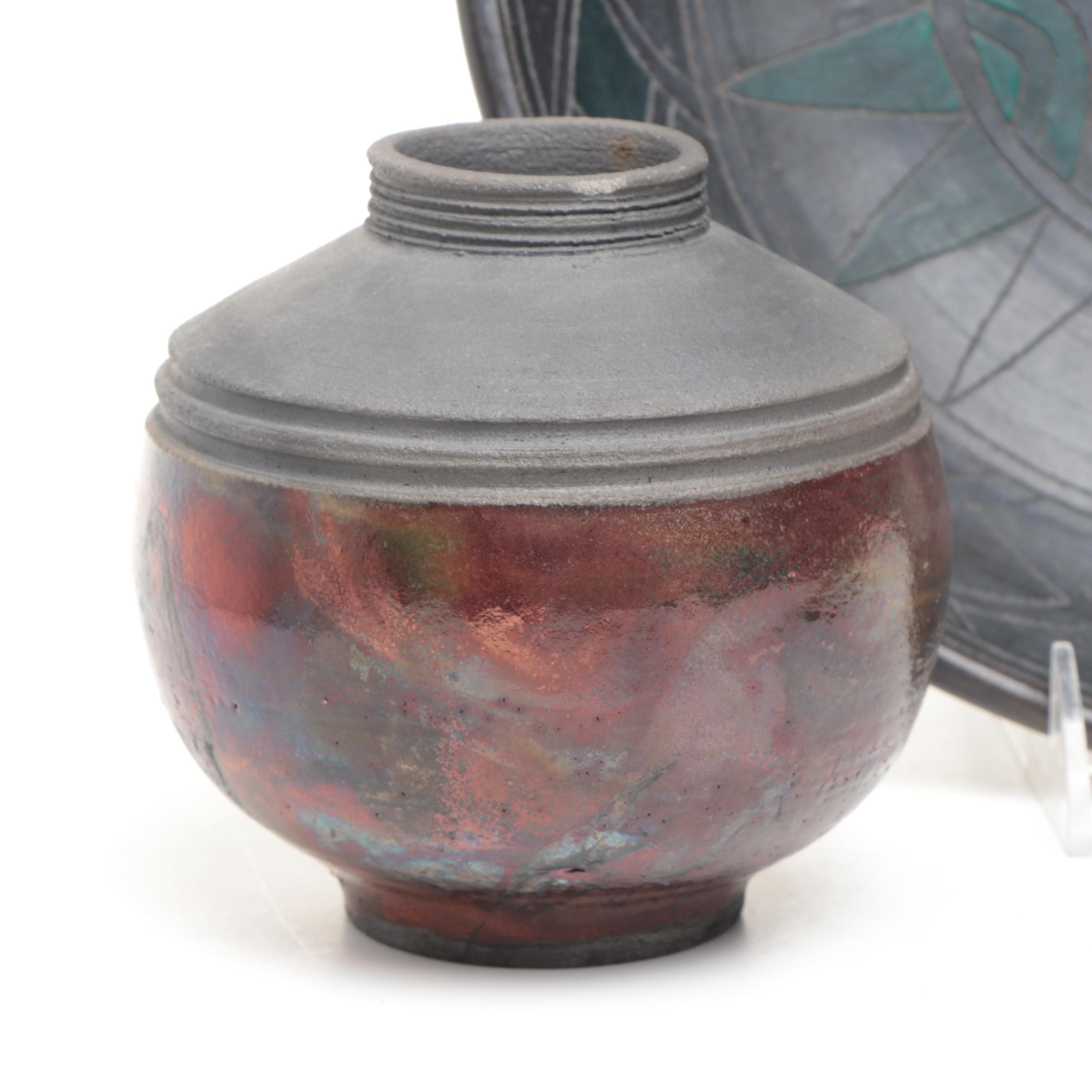 Artist Signed Ceramic Bud Vases with Ceramic Decorative Bowls