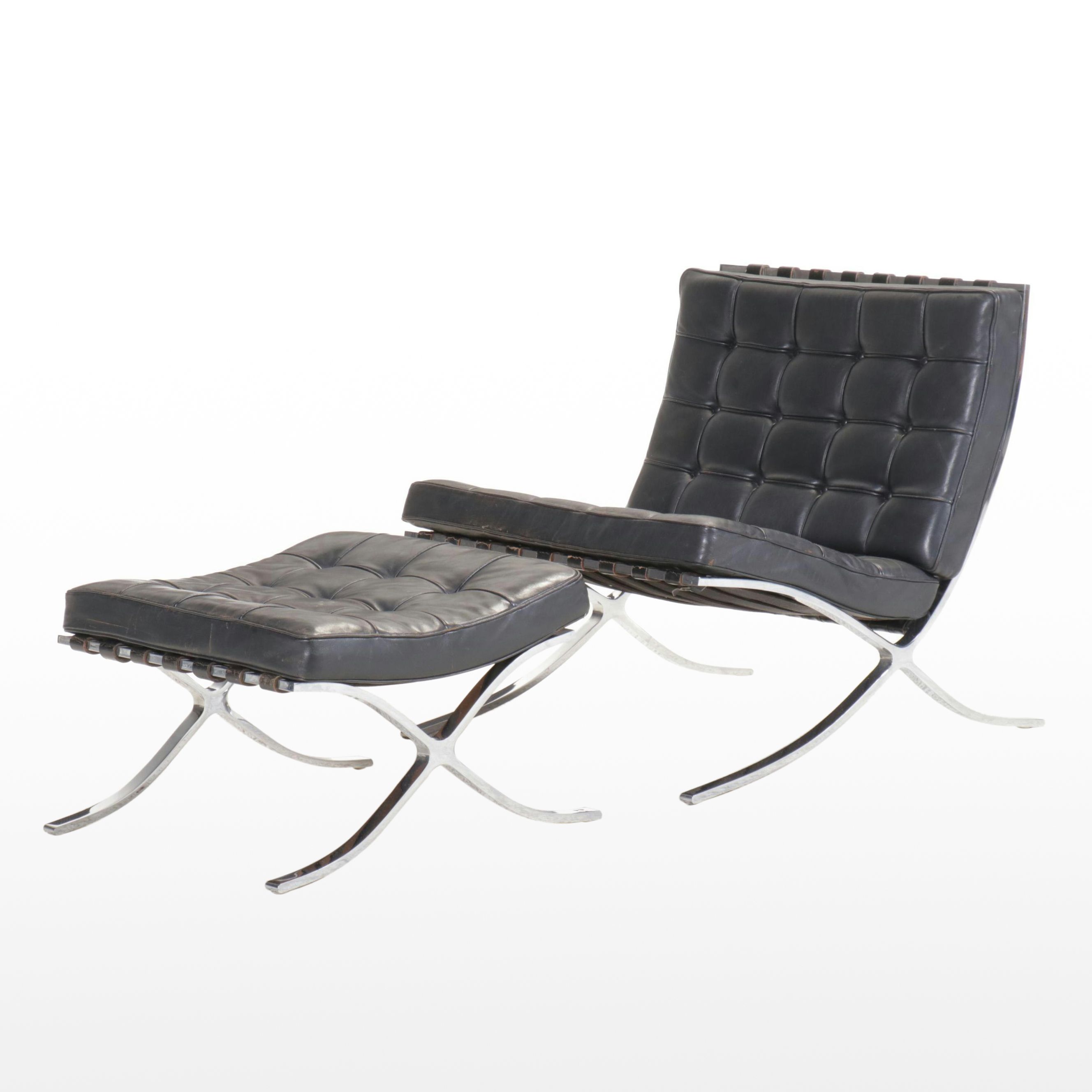 Barcelona Style Chrome Lounge Chair and Ottoman, Manner of Mies van der Rohe