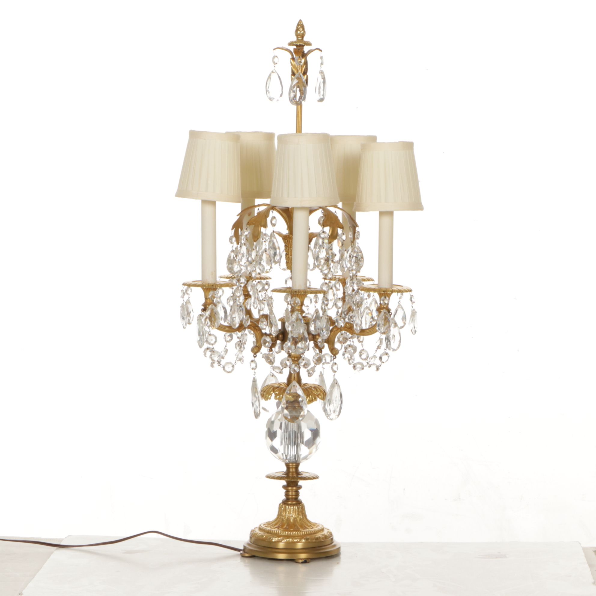 Gilt Brass and Crystal Five-Arm Girandole Table Lamp with Clip-on Silk Shades