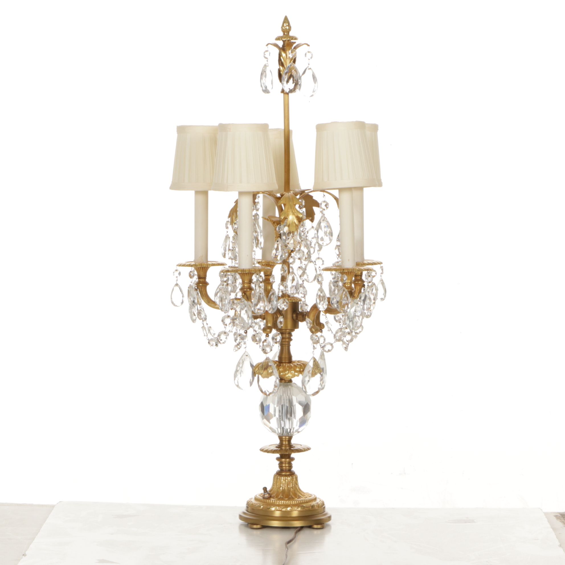 Gilt Brass and Crystal Five-Arm Girandole Table Lamp with Clip-on Silk Shades