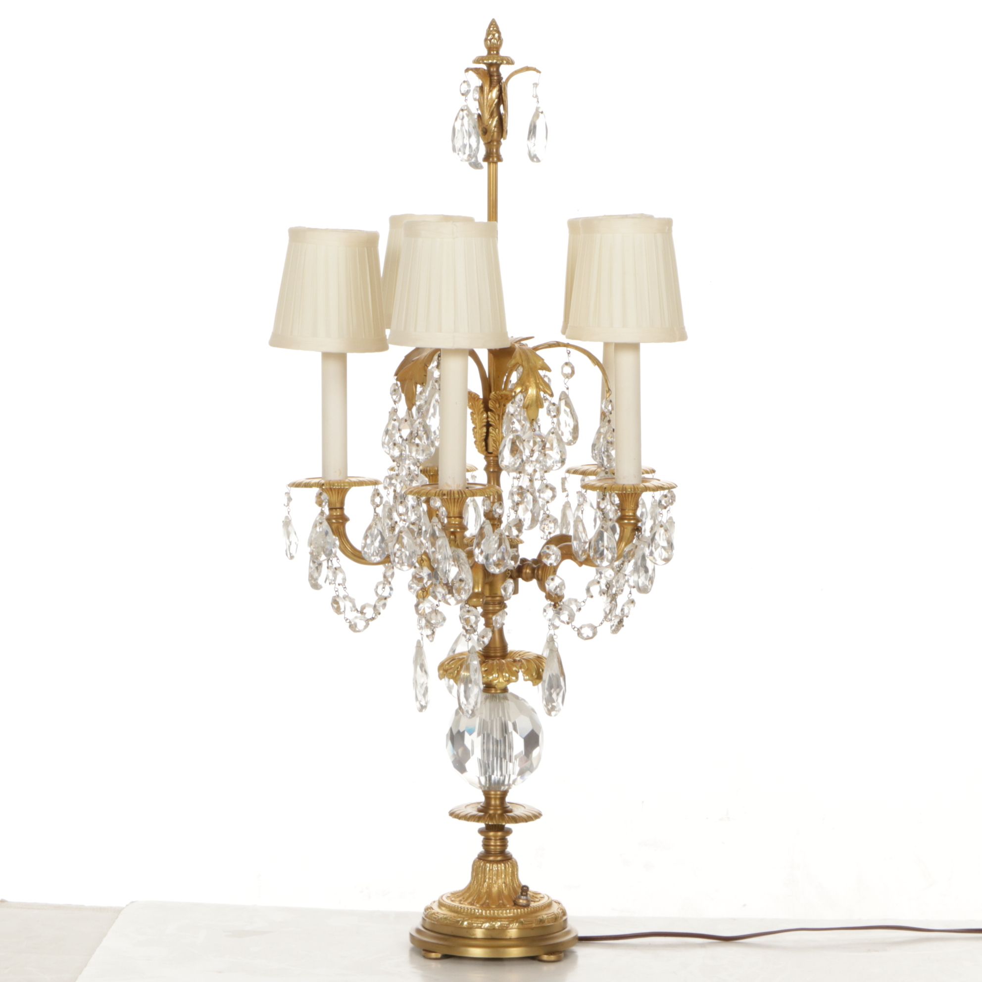 Gilt Brass and Crystal Five-Arm Girandole Table Lamp with Clip-on Silk Shades